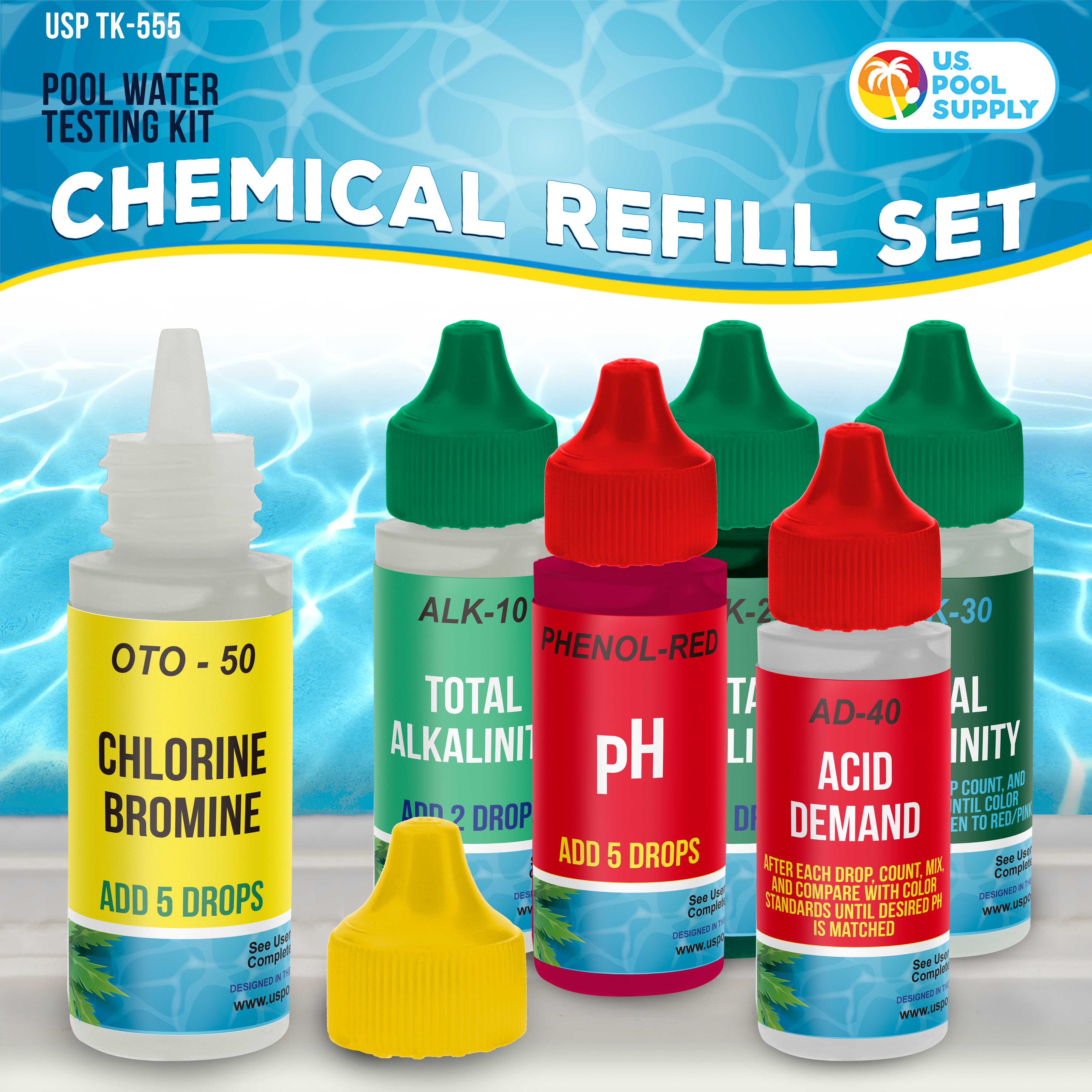 Premium 6 Bottle Refill Solution Pack for 5-Way Swimming Pool & Spa Water Test Kit - pH, Chlorine, Bromine, Alkalinity & Acid Demand Testing | Pool Maintenance Supplies | Ideal for Home Pools, Hot Tubs & Spas