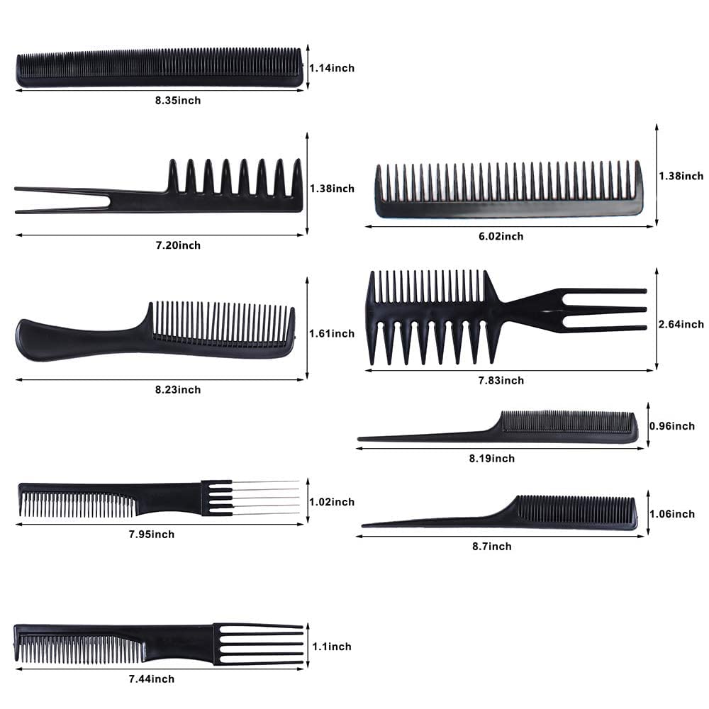 12-Piece Hair Brush Comb Set with Paddle, Detangling & Styling Brushes - Includes Airbag Massage Comb, Roller Brush & 10 Styling Combs for Wet/Dry/Curly/Straight Hair (Black) - Perfect for Salon, Home & Travel Hair Care