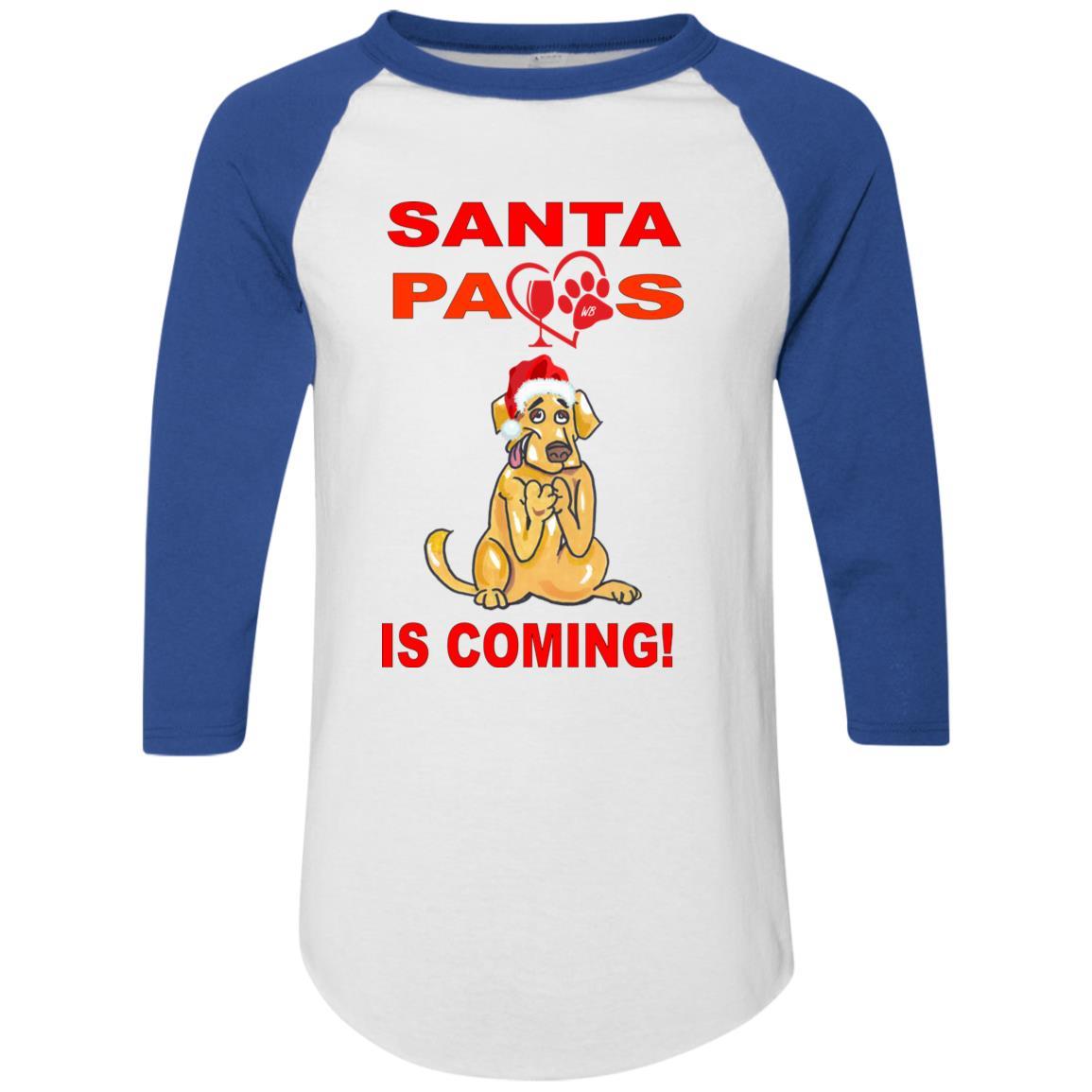 Santa Paws Is Coming Augusta Colorblock Raglan Jersey - Funny Christmas Dog Sweater for Small Medium Large Breeds - Perfect for Holiday Photos & Family Gatherings