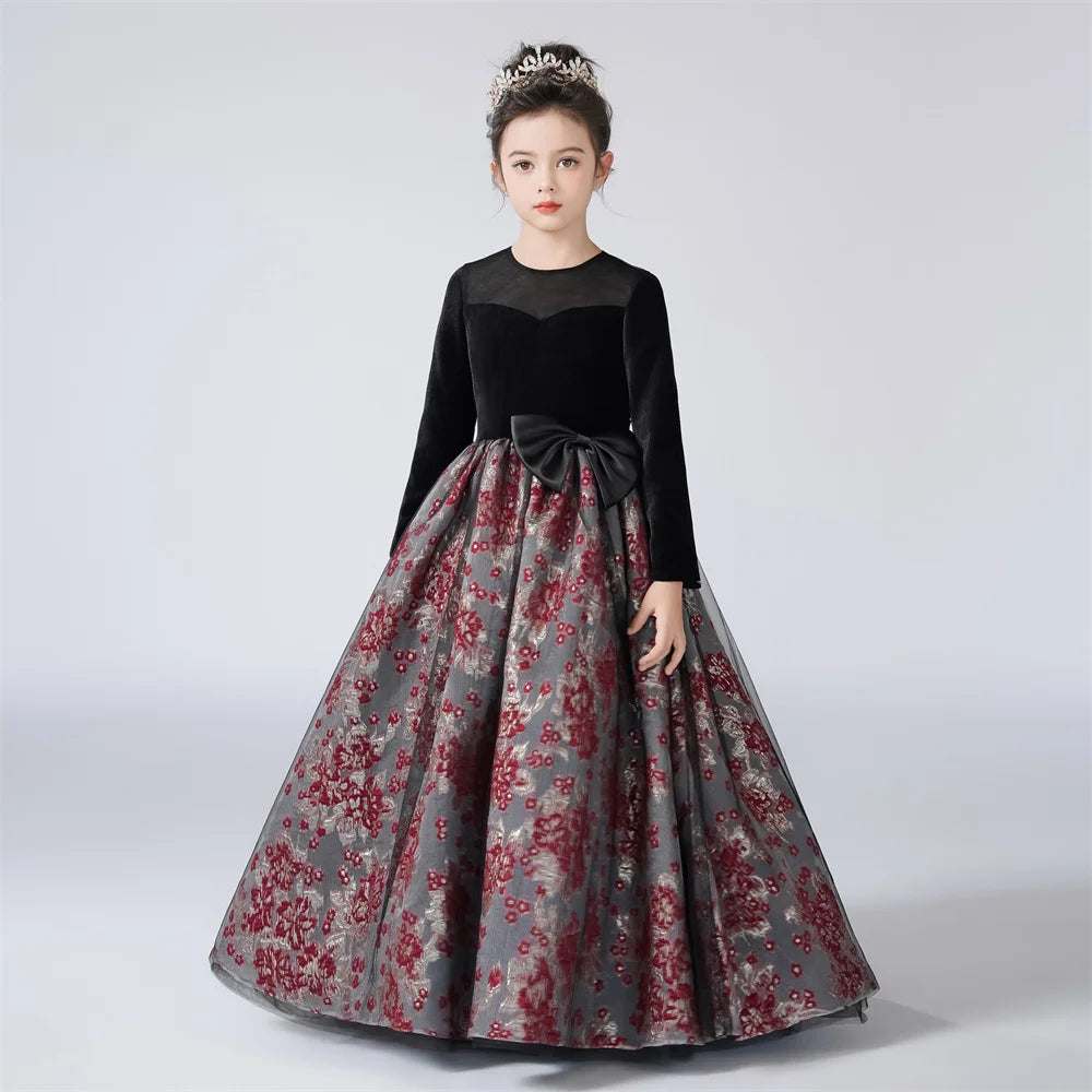 Vintage Velvet Long Sleeve Girls Party Dress - Elegant Pageant Gown for Special Occasions, Holidays & Photo Shoots