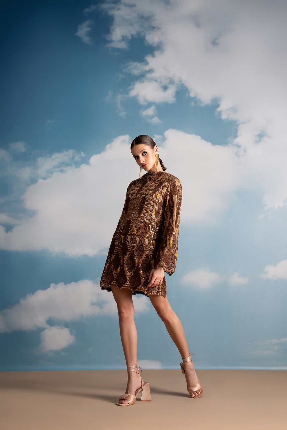 Elegant Brown Sequin Embroidered Dress with Cutwork Detail - Perfect for Evening Parties, Prom, and Special Occasions
