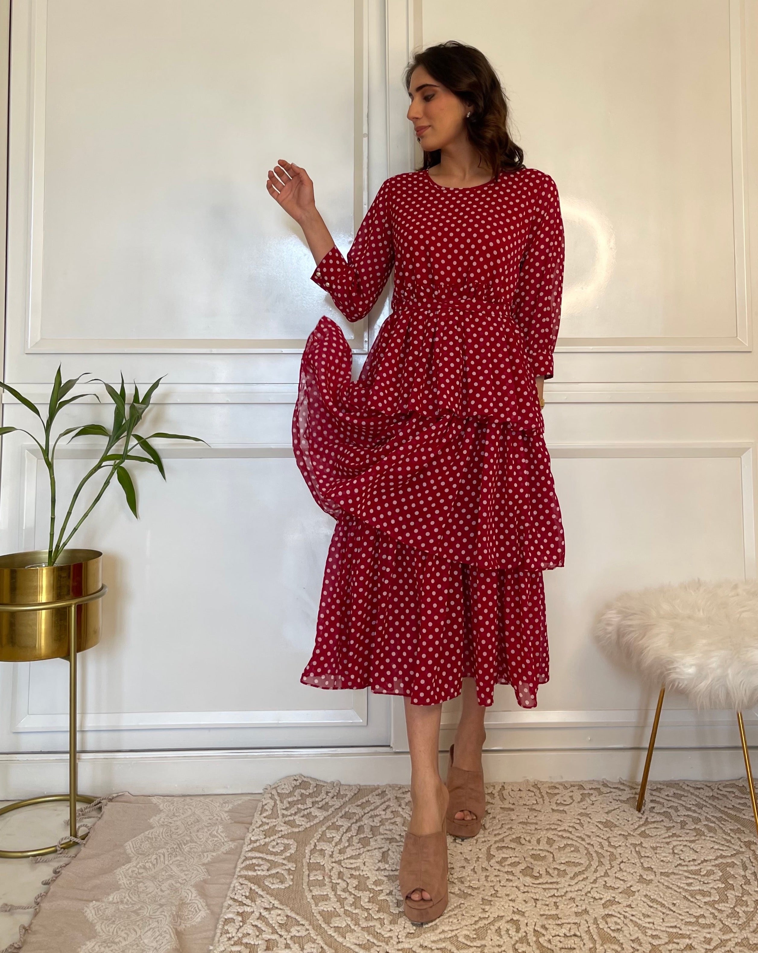 Elegant Red Polka Dot Ruffle Flared Maxi Dress for Women - Perfect for Summer Parties, Weddings & Beach Vacations