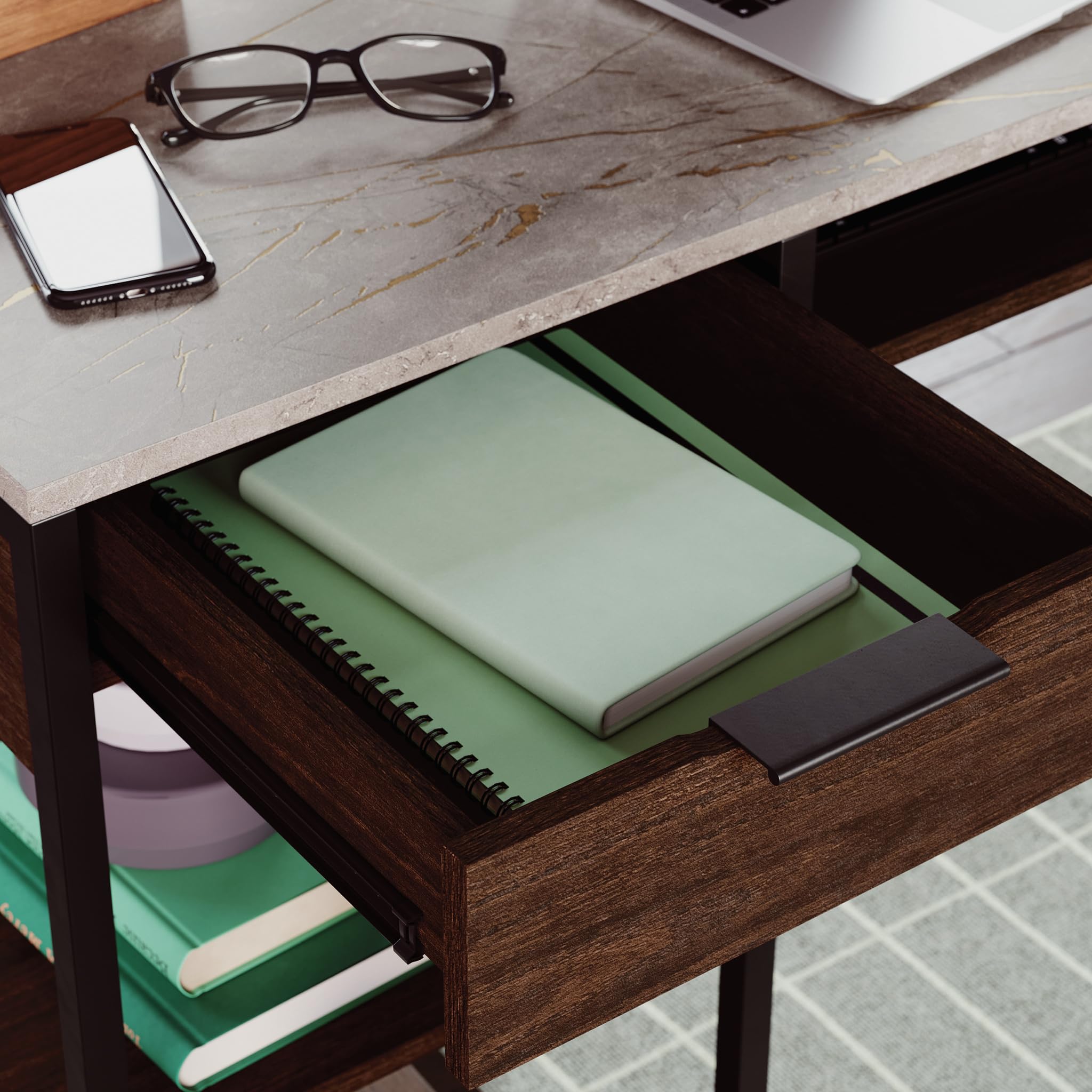 Sauder International Lux Modern L-Shaped Desk with Umber Wood Finish - Stylish Home Office Desk for Work & Study, Perfect for Small Spaces & Gaming Setup