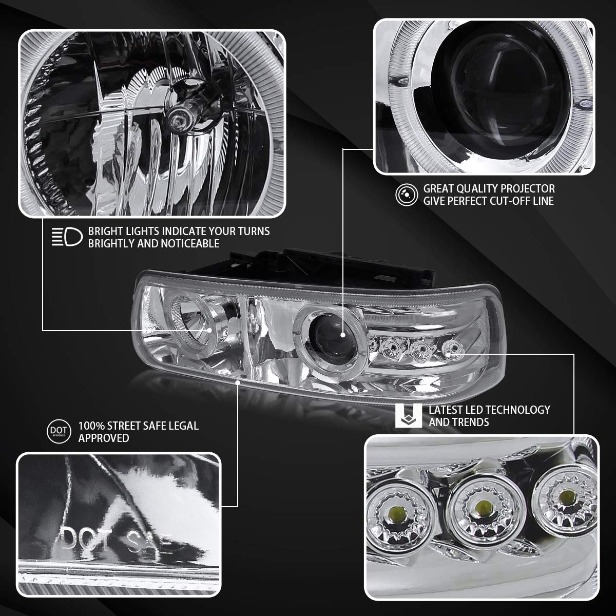AUTOZENSATION LED Headlights Assembly for 1999-2002 Chevy Silverado & 2000-2006 Chevy Suburban/Tahoe - Dual Halo Projector Headlamps Pair (Left + Right) - Chrome Finish - Perfect for Night Driving & Off-Road Adventures