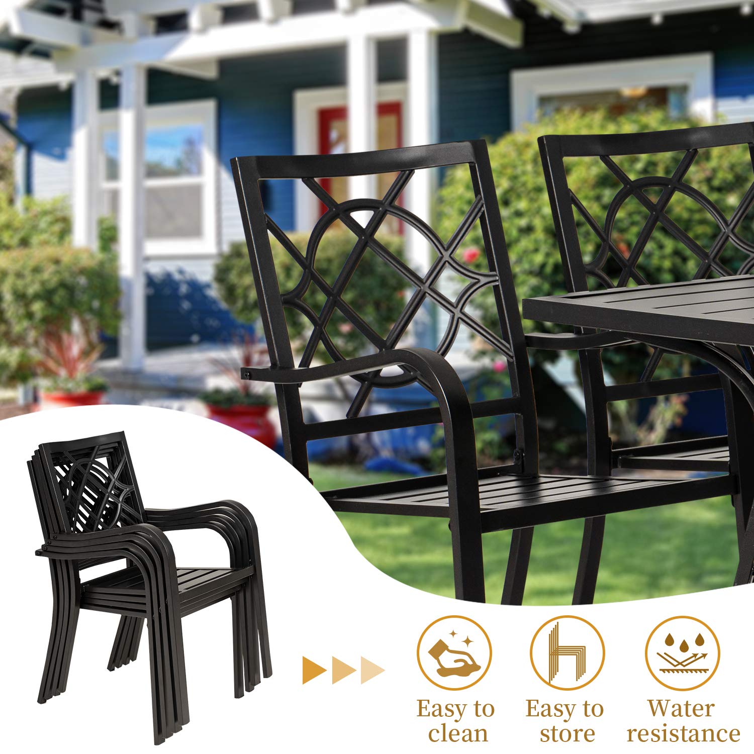 7-Piece Outdoor Patio Dining Set - Durable Metal Furniture with Rectangular Slatted Table (Umbrella Hole) & 6 Stackable Chairs - Perfect for Backyard, Garden, Poolside & BBQ Gatherings