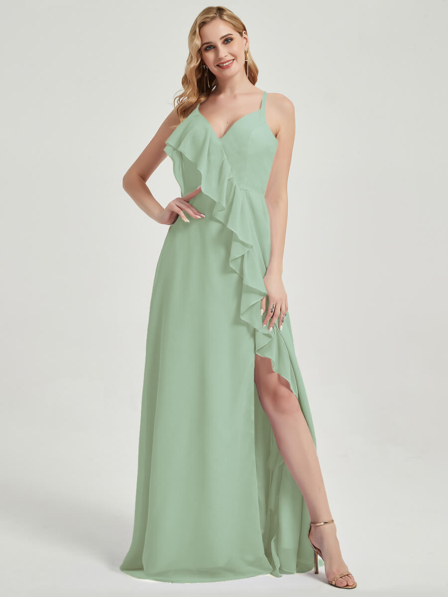 Elegant Sage Green Chiffon Maxi Bridesmaid Dress with Criss Cross Straps, Ruffles & High Slit - Perfect for Weddings, Formal Events & Evening Parties