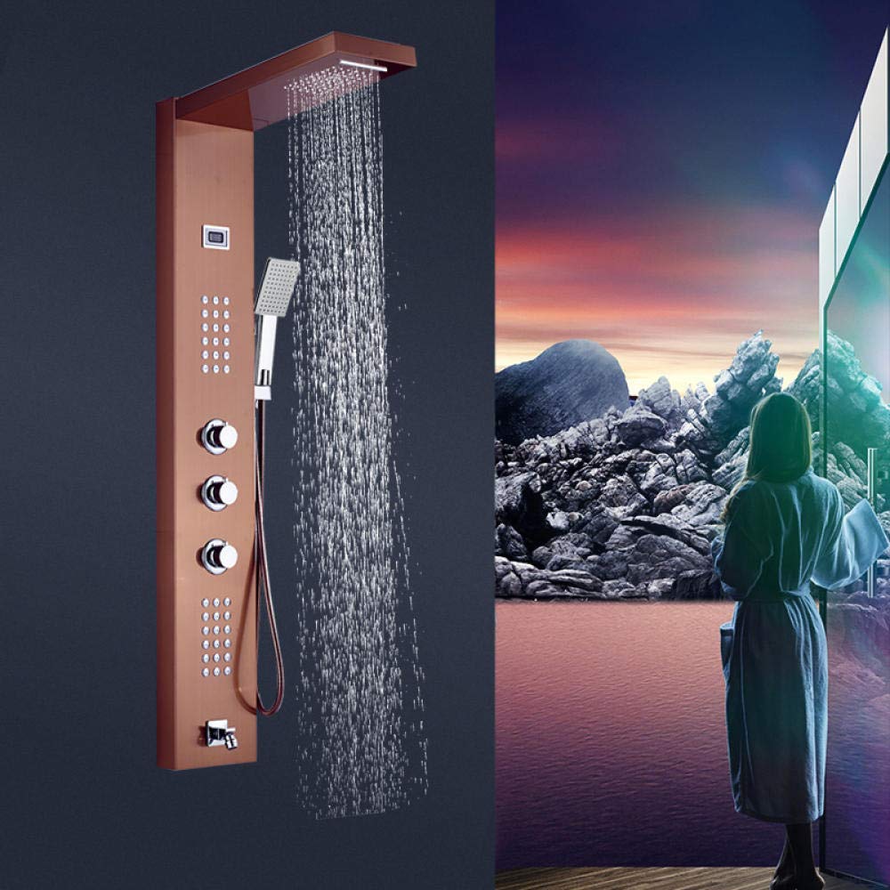 Rose Gold Thermostatic Shower Panel with Digital Display - Waterfall Rainfall Shower System, SPA Massage Jets & Hand Shower - Perfect for Luxury Bathroom Renovations and Relaxing Spa Experiences