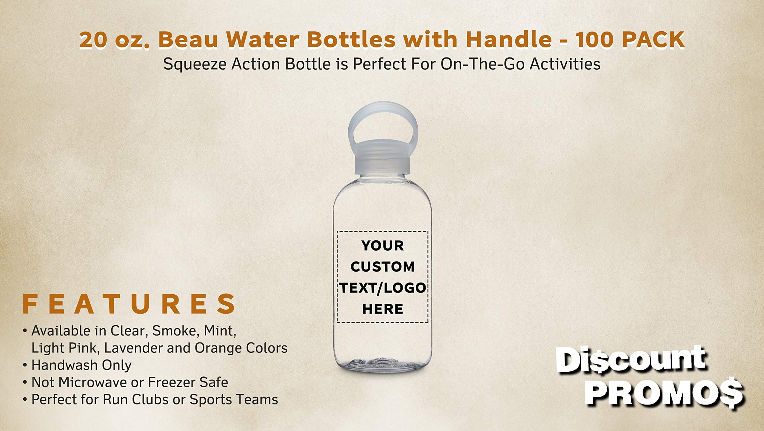 100 Pack 20 oz Customizable Plastic Water Bottles with Handle - Flexi-Grip Clear Drinkware for Schools, Events & Promotions - Bulk Discount Available