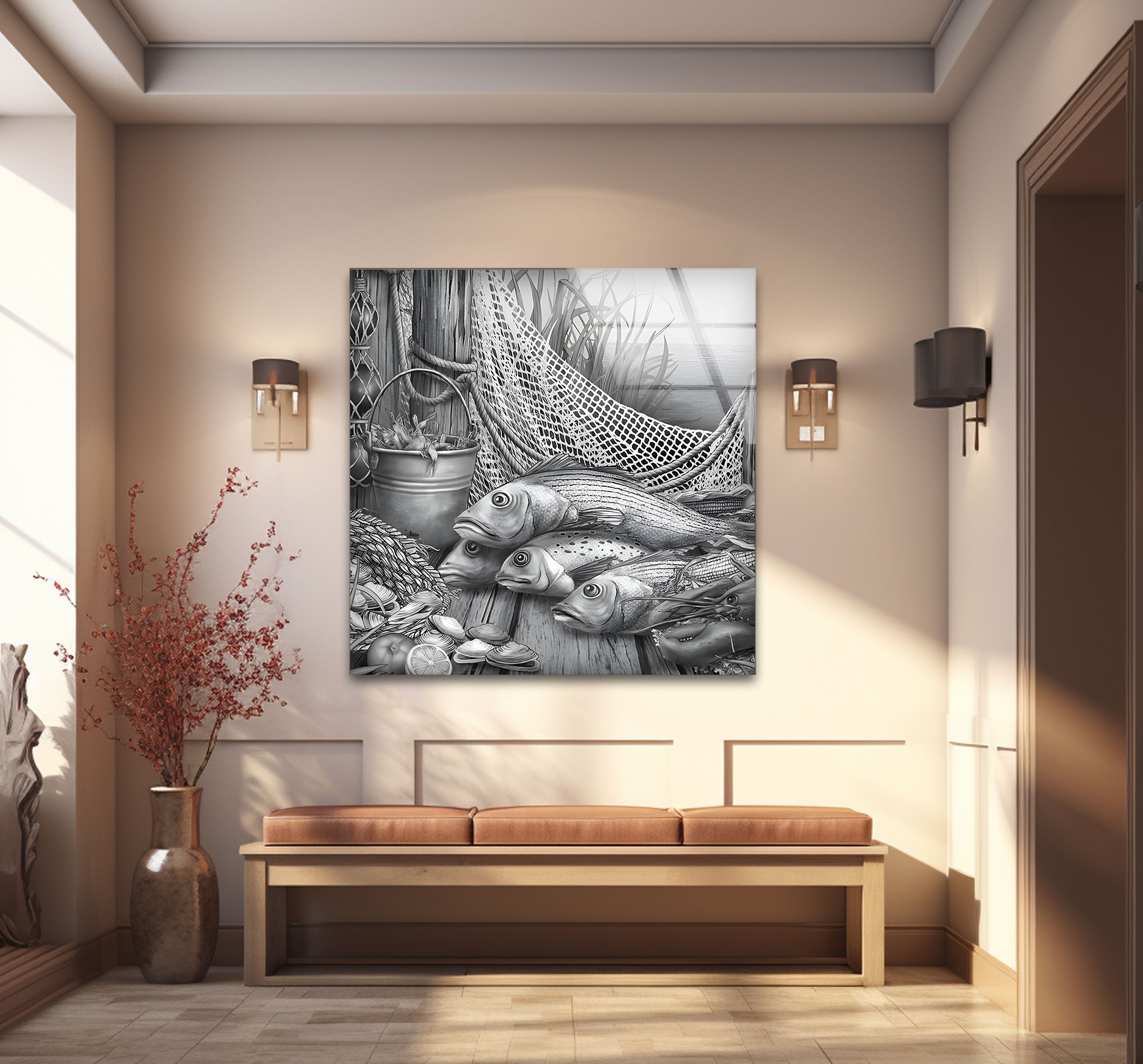 Black and White Fish Art Glass Wall Decor - Elegant Ocean-Themed Mural for Living Room, Bedroom & Office
