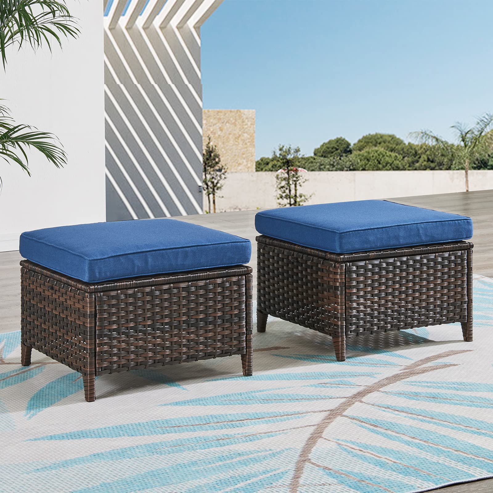 2-Piece Outdoor Wicker Ottoman Set with Thick Cushions - Brown/Blue Rattan Footrest Footstools for Patio, Garden & Poolside Relaxation