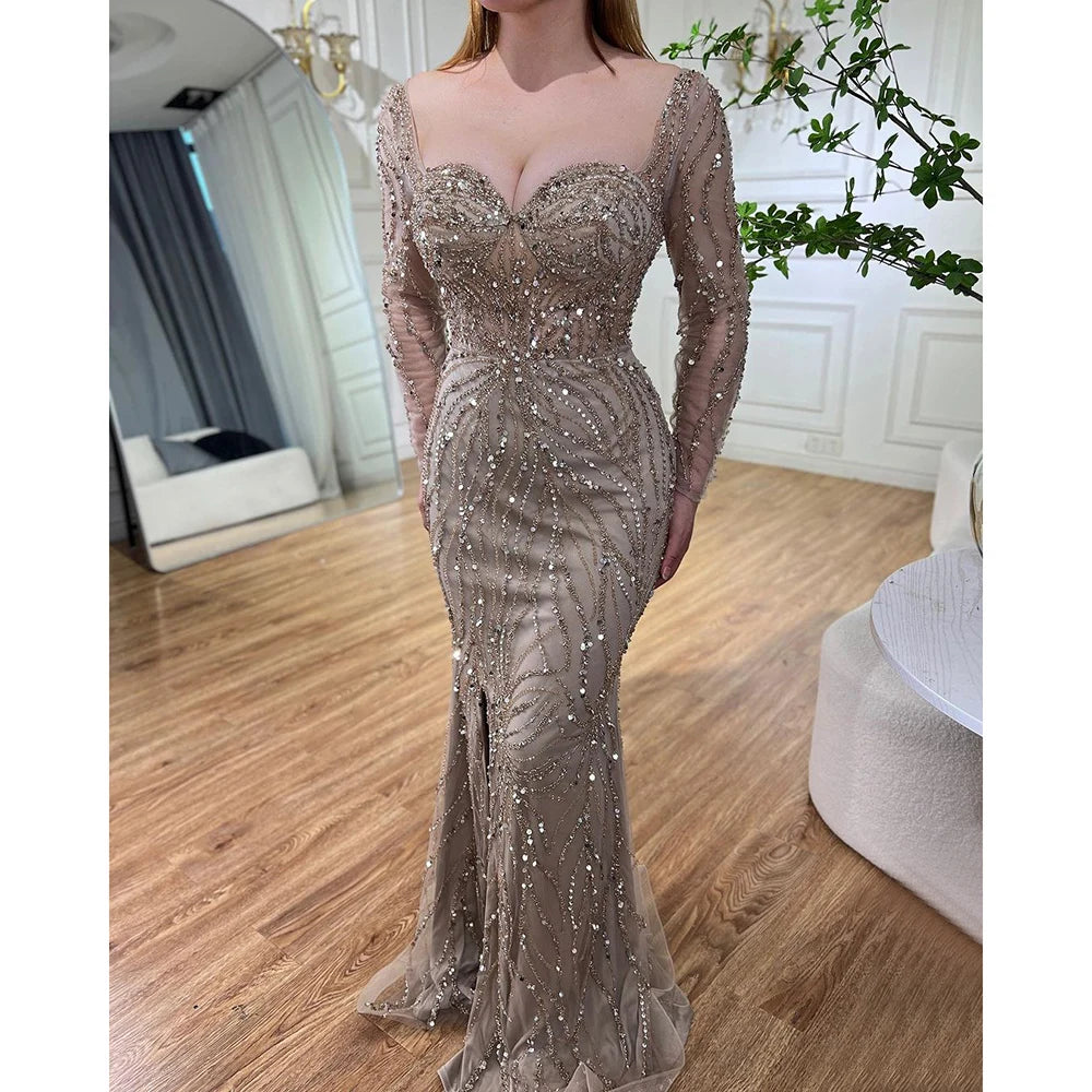 Elegant Arabic Turquoise Mermaid Evening Gown with Beaded Details & High Split - Women's Formal Dress for Wedding, Party & Special Occasions - Serene Hill LA72093