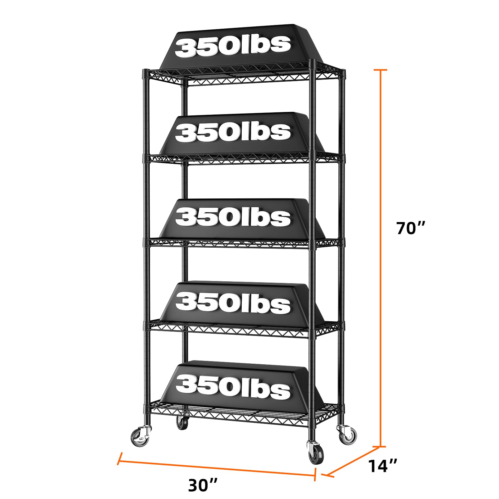 SINGAYE 5-Tier Heavy Duty Adjustable Metal Storage Shelves with Wheels - 14