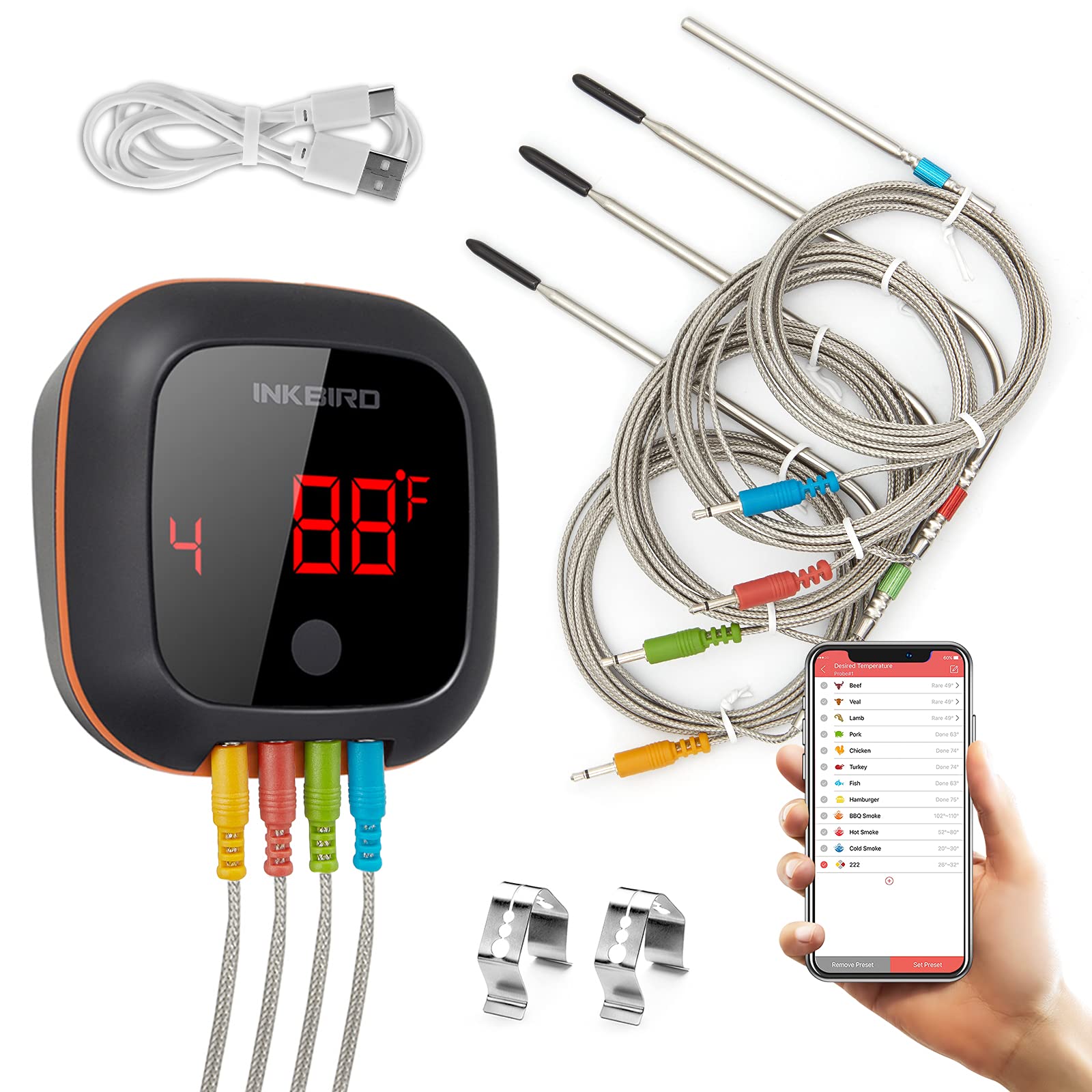 Inkbird Digital Wireless Bluetooth Meat Thermometer with 4 Colored Probes - 150ft Range, Timer & Alarm for BBQ, Grill, Smoker, Oven, Drum - Perfect for Outdoor Cooking, Backyard Grilling & Kitchen Food Prep
