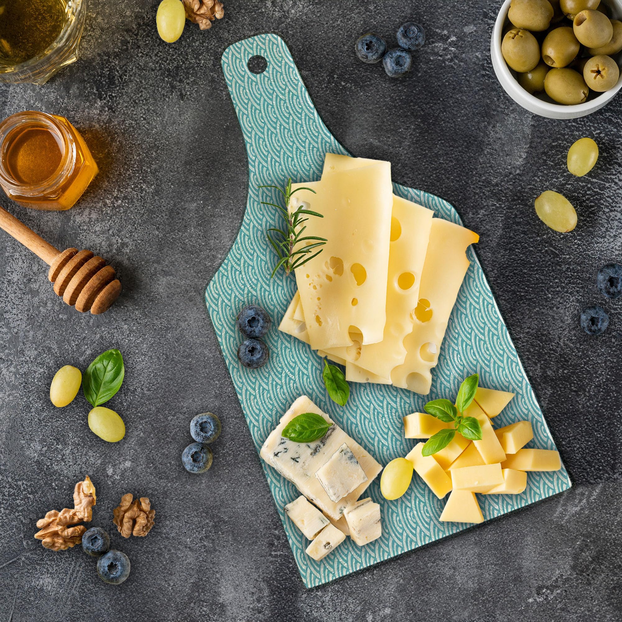Ambesonne Aqua Tempered Glass Cutting Board - Curvy Lines Bubbles Ocean Design, Non-Slip Wine Bottle Shape Serving Board for Kitchen, Entertaining & Gifts (Sky Blue/White) - Perfect for Beach House Decor, Summer Parties & Wine & Cheese Platters