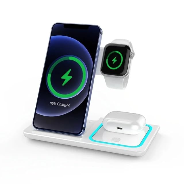 3-in-1 Fast Wireless Charging Station - Foldable Stand for iPhone, Samsung & More - White | Perfect for Home, Office & Travel Charging