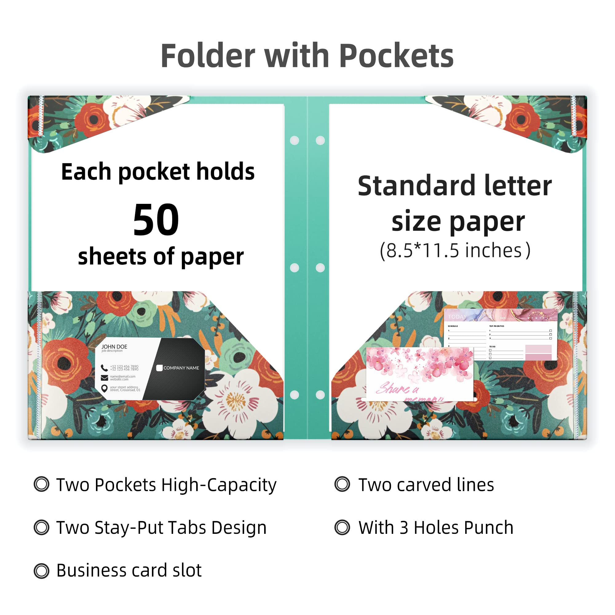 Ospelelf Waterproof Plastic Folders with Pockets - 6-Pack, 2 Fixed Corner Tabs & Business Card Slot, Fits 3-Ring Binder (11