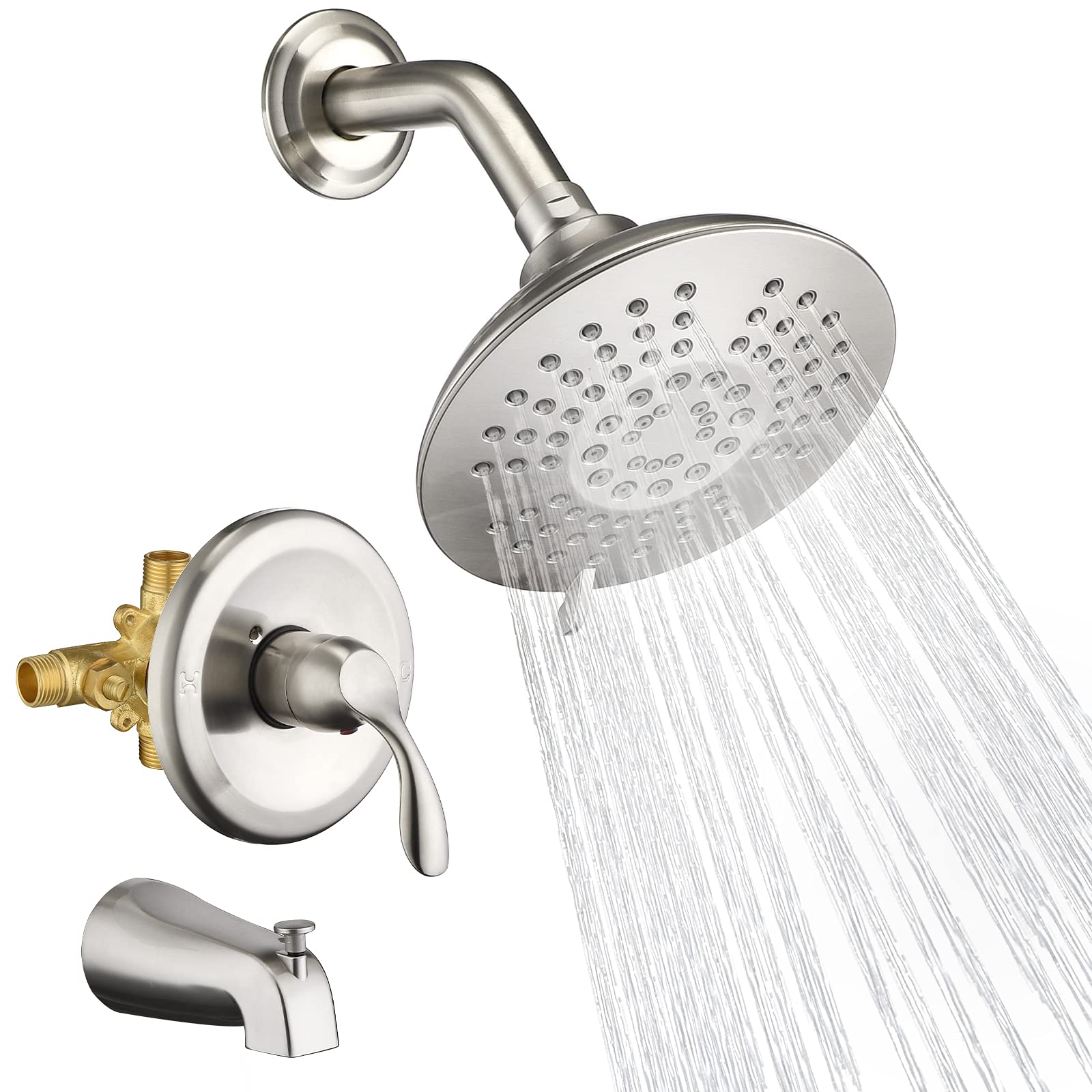 HOMELODY 6-Inch Brushed Nickel Shower Faucet Set with 5-Function Spray Shower Head & Tub Spout - Complete Single-Handle Shower Tub Combo Kit for Bathroom Renovation & Modern Home Upgrade
