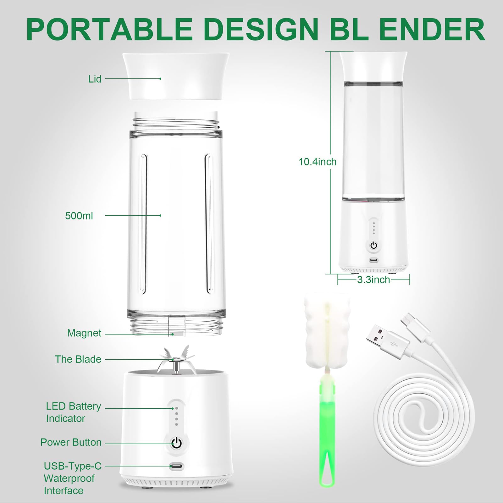 Portable Blender 16oz - Rechargeable Personal Blender for Smoothies, Shakes & Protein Drinks | Cordless Mini Travel Blender with Stainless Steel Blade | Perfect for Home, Office, Gym & Outdoor Activities