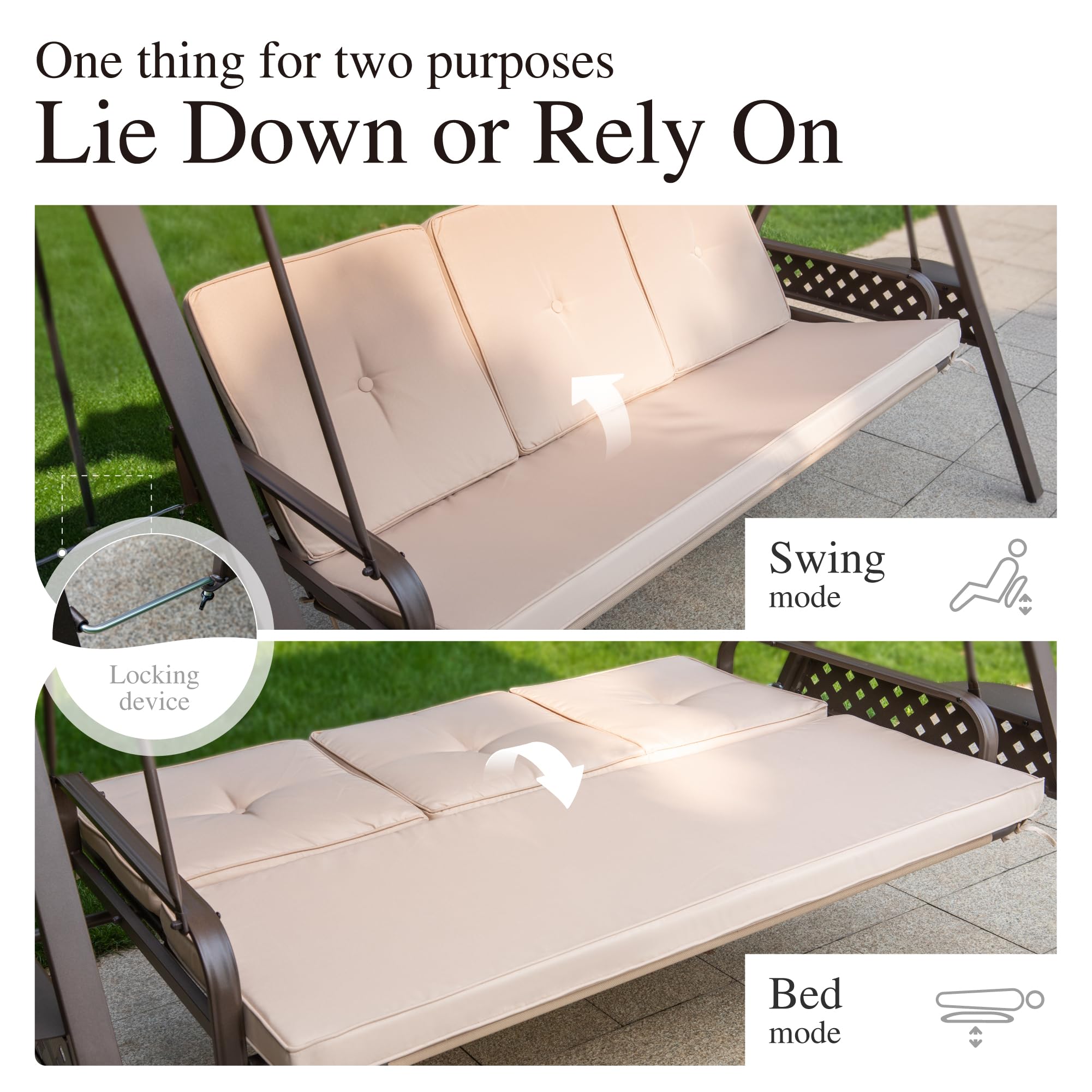 Sophia & William 3-Seat Outdoor Porch Swing with Adjustable Canopy - Weather-Resistant Steel Frame Patio Swing Chair for Backyard, Front Porch or Lawn - Includes Removable Cushions & Iron Tea Tray in Beige - Perfect for Relaxing, Entertaining Guests or Enjoying Afternoons Outdoors