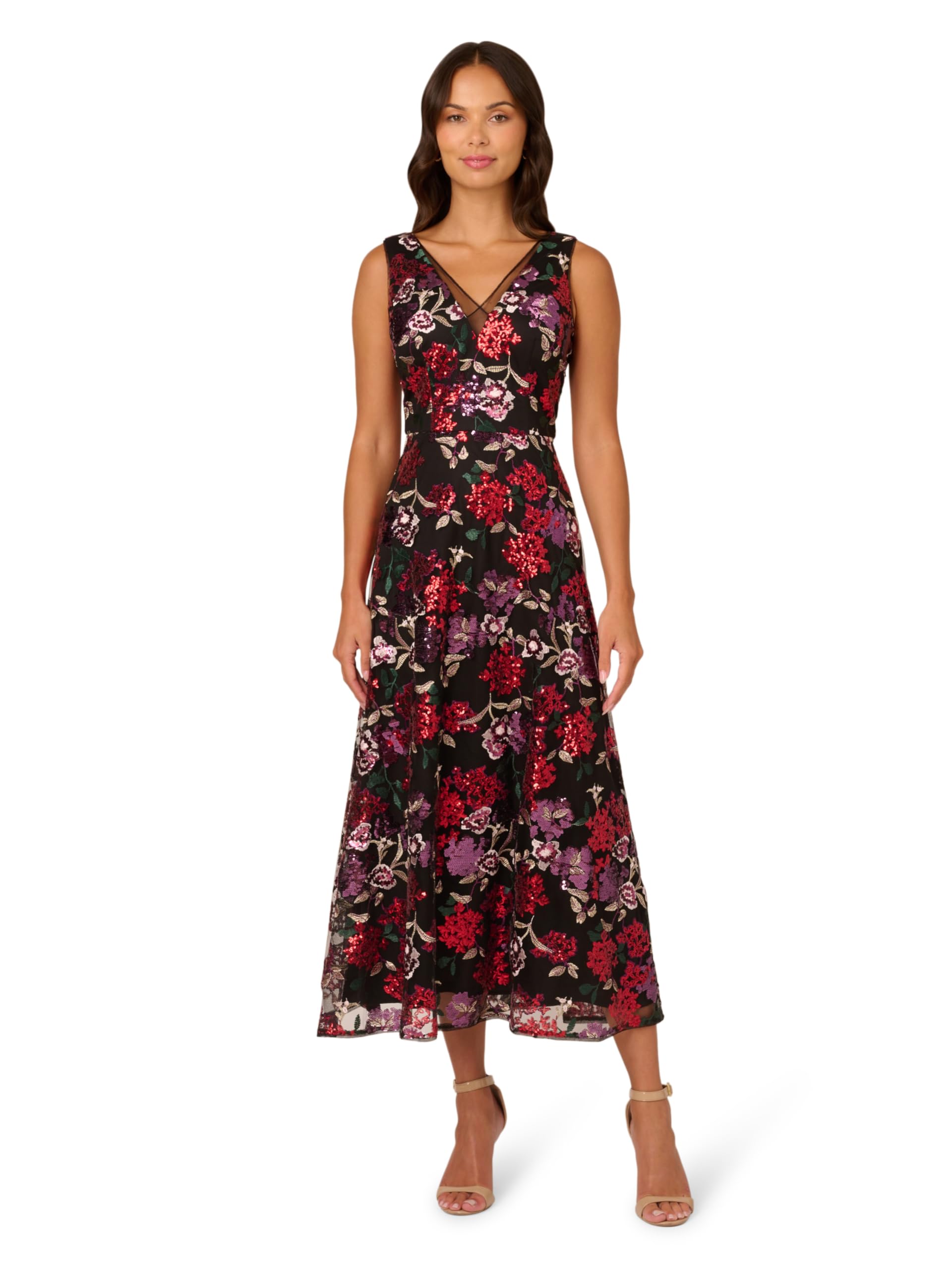 Adrianna Papell Women's Floral Sequin Ankle Length Party Dress - Elegant Cocktail & Evening Gown for Weddings, Galas, and Special Occasions