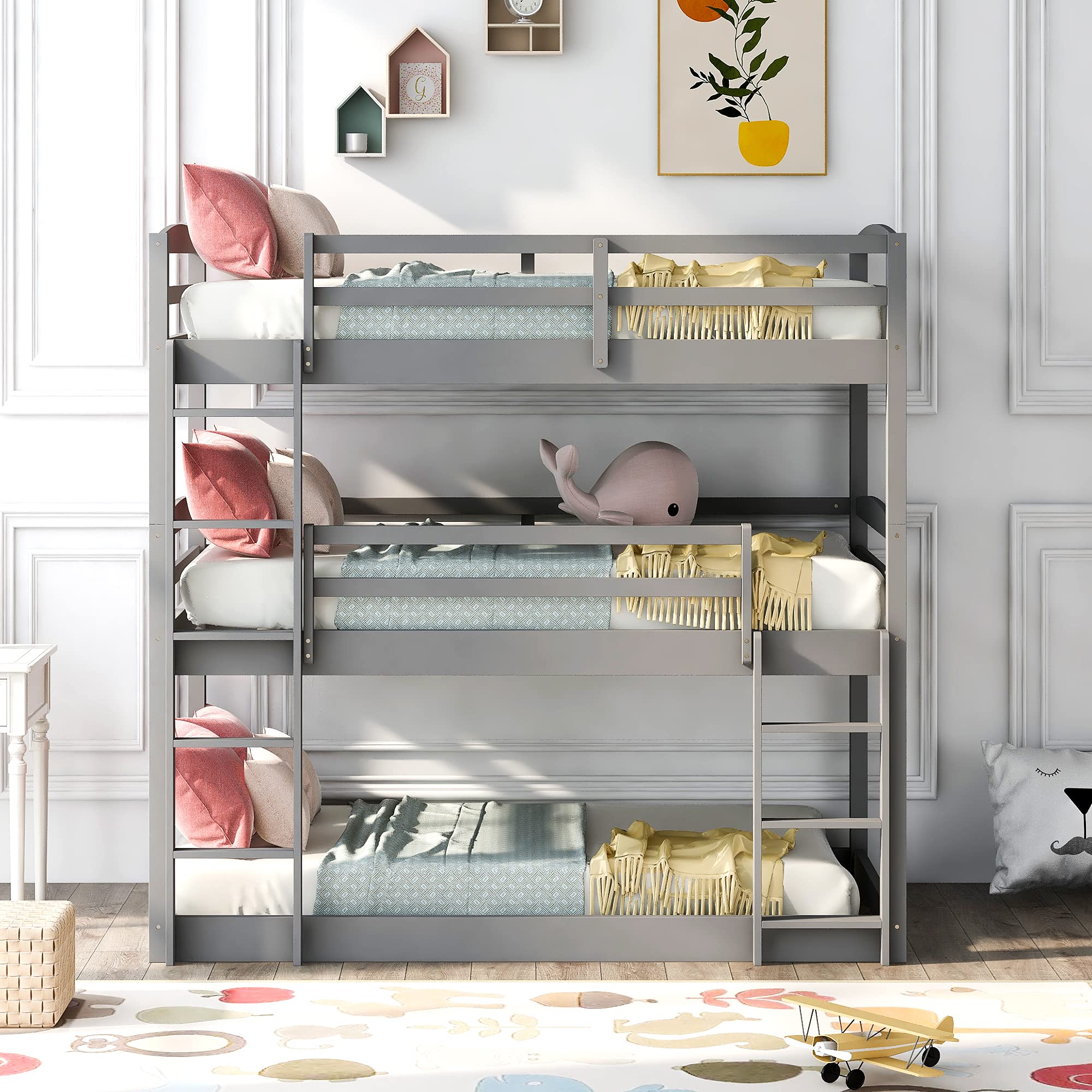 Solid Wood Triple Bunk Bed for Kids - Twin Over Twin Over Twin Bunk Bed Frame with 2 Built-in Ladders & Safety Guardrail - Converts to Twin Bunk Beds or Loft Bed - Space Saving Kids Bedroom Furniture for Small Rooms, Shared Bedrooms & Vacation Homes (Gray)