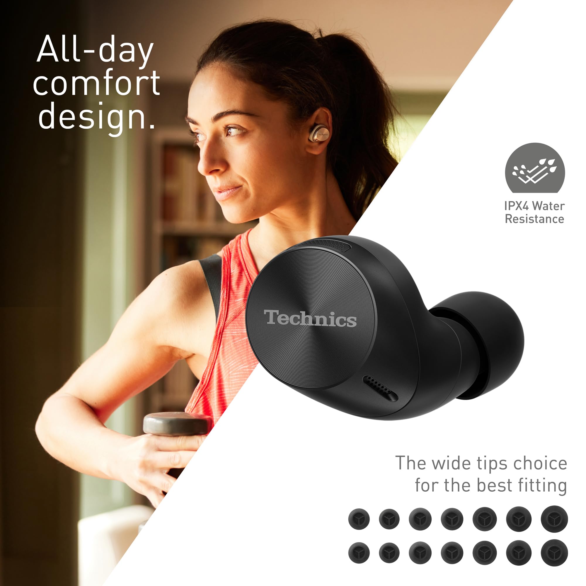 Technics EAH-AZ60M2 Premium Wireless Earbuds with Active Noise Cancelling, Multipoint Bluetooth for 3 Devices, Comfortable In-Ear Design, Wireless Charging Case (Black) - Perfect for Travel, Workouts & Commuting