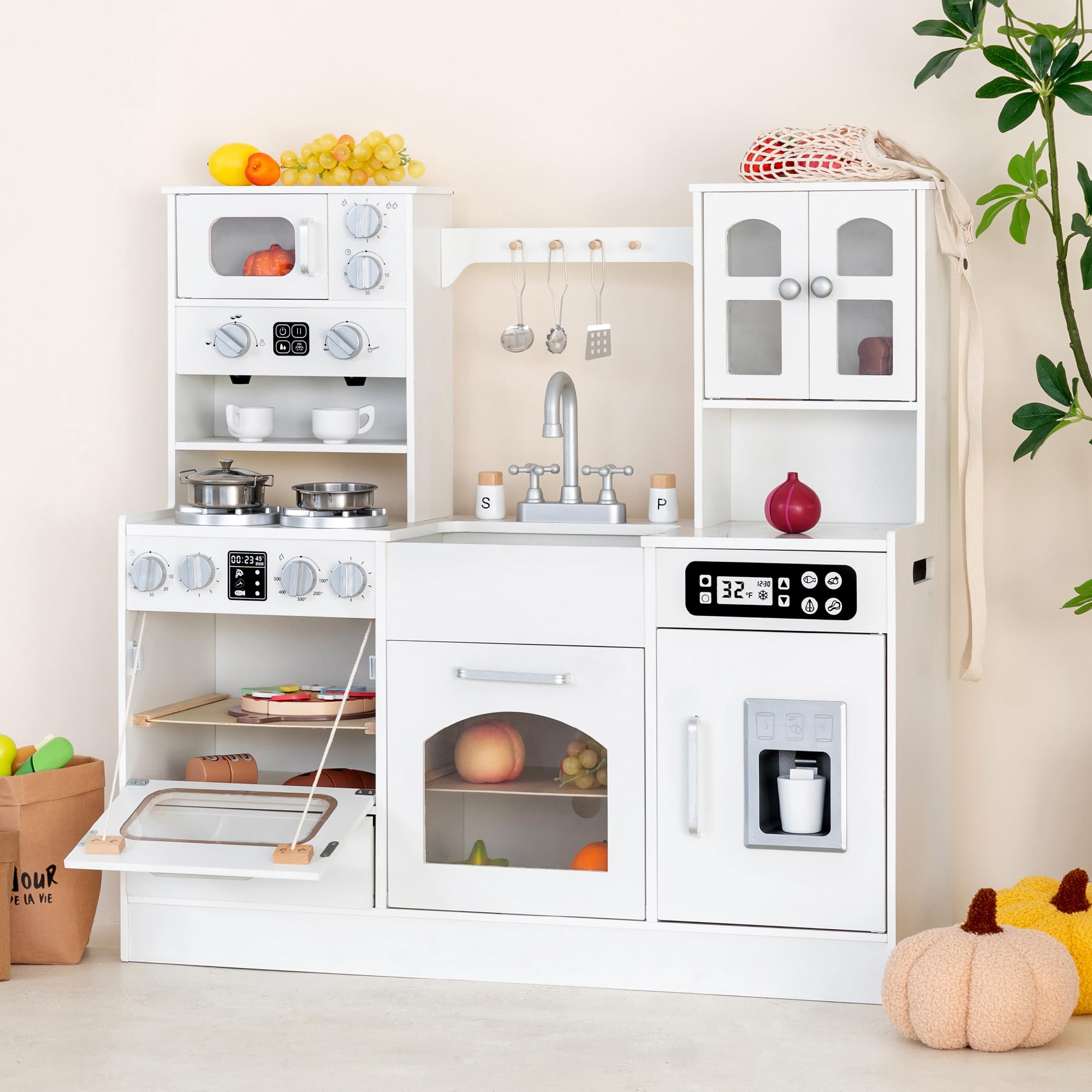 **Realistic Wooden Play Kitchen for Kids - Interactive Pretend Kitchen Toy with Lights, Sounds, Ice Maker, Stove, Sink & 12 Accessories - Educational Toddler Playset for Ages 3-8 - Perfect for Imaginative Play & Role-Playing Games**