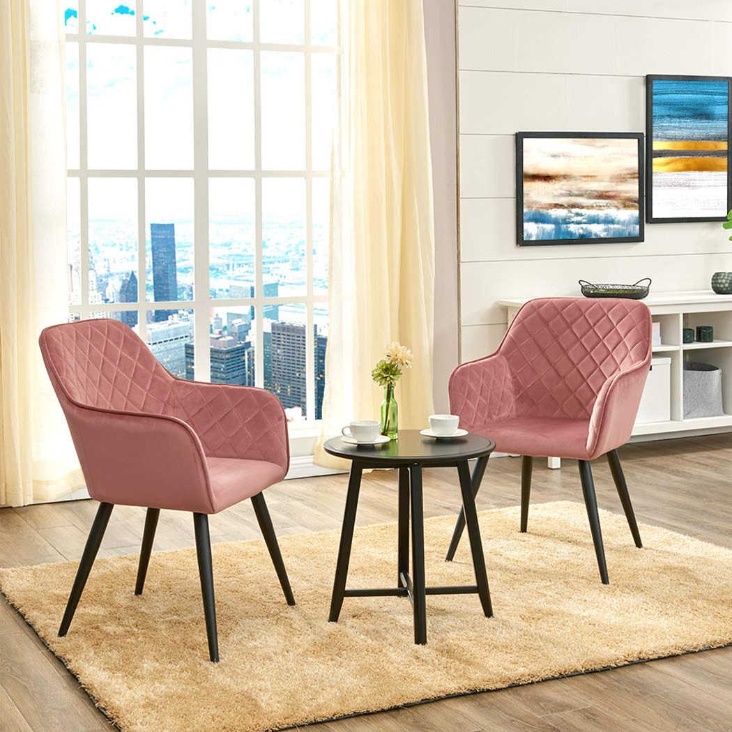 DUHOME Mid-Century Modern Accent Chair with Armrests - Velvet Upholstered Lounge Chair for Living Room, Bedroom & Reception - Sturdy Metal Frame, Padded Seat, Easy Assembly (Pink) - Perfect for Relaxing, Reading & Stylish Home Decor