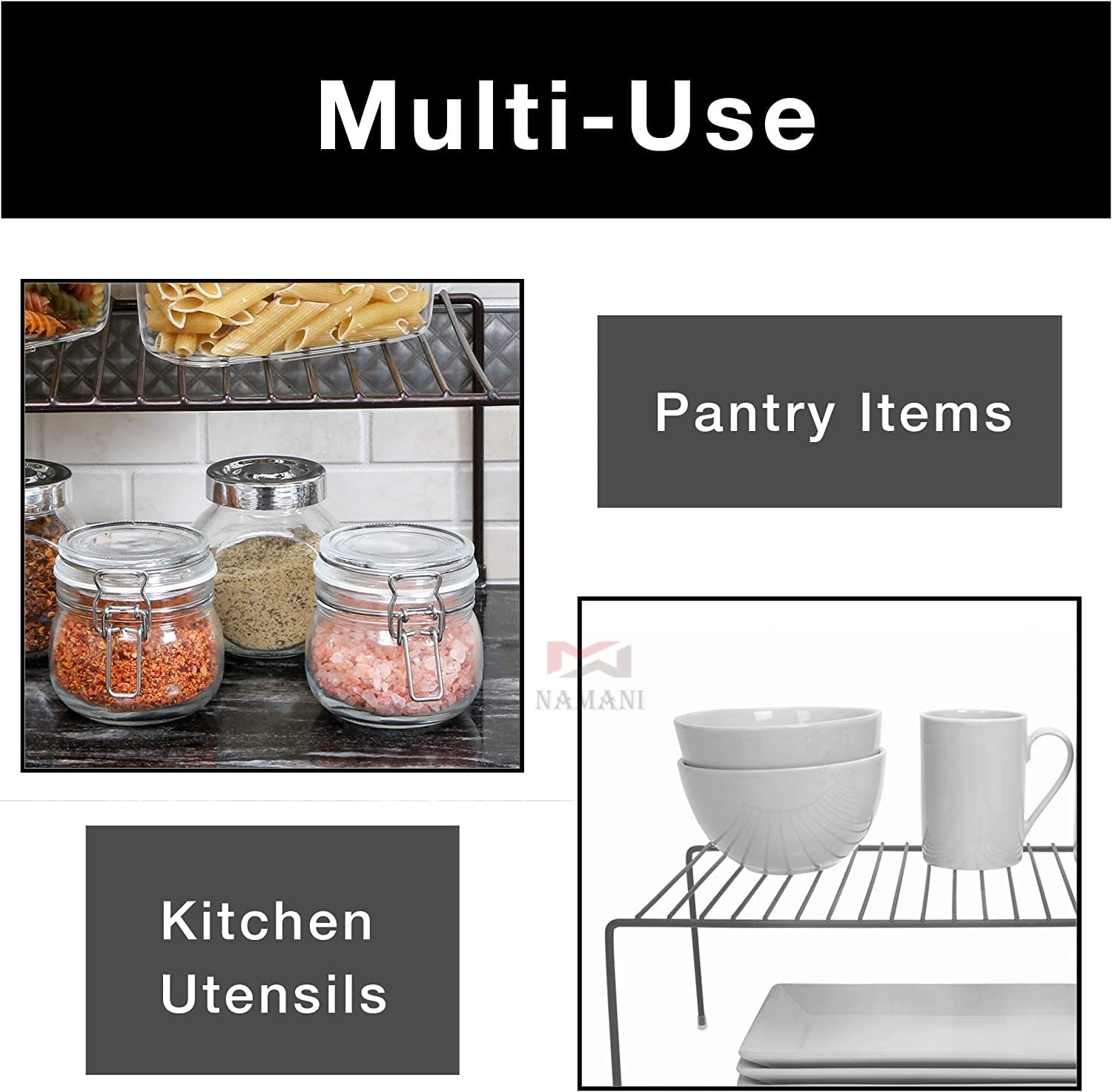 Namani Rustproof Steel Kitchen Dish Rack & Storage Organizer - Space Saving Cabinet Shelf for Fridge, Pantry & Countertop - Multipurpose Drying Rack for Dishes, Utensils & Kitchen Organization (Black) - Perfect for Small Kitchens & Apartment Living