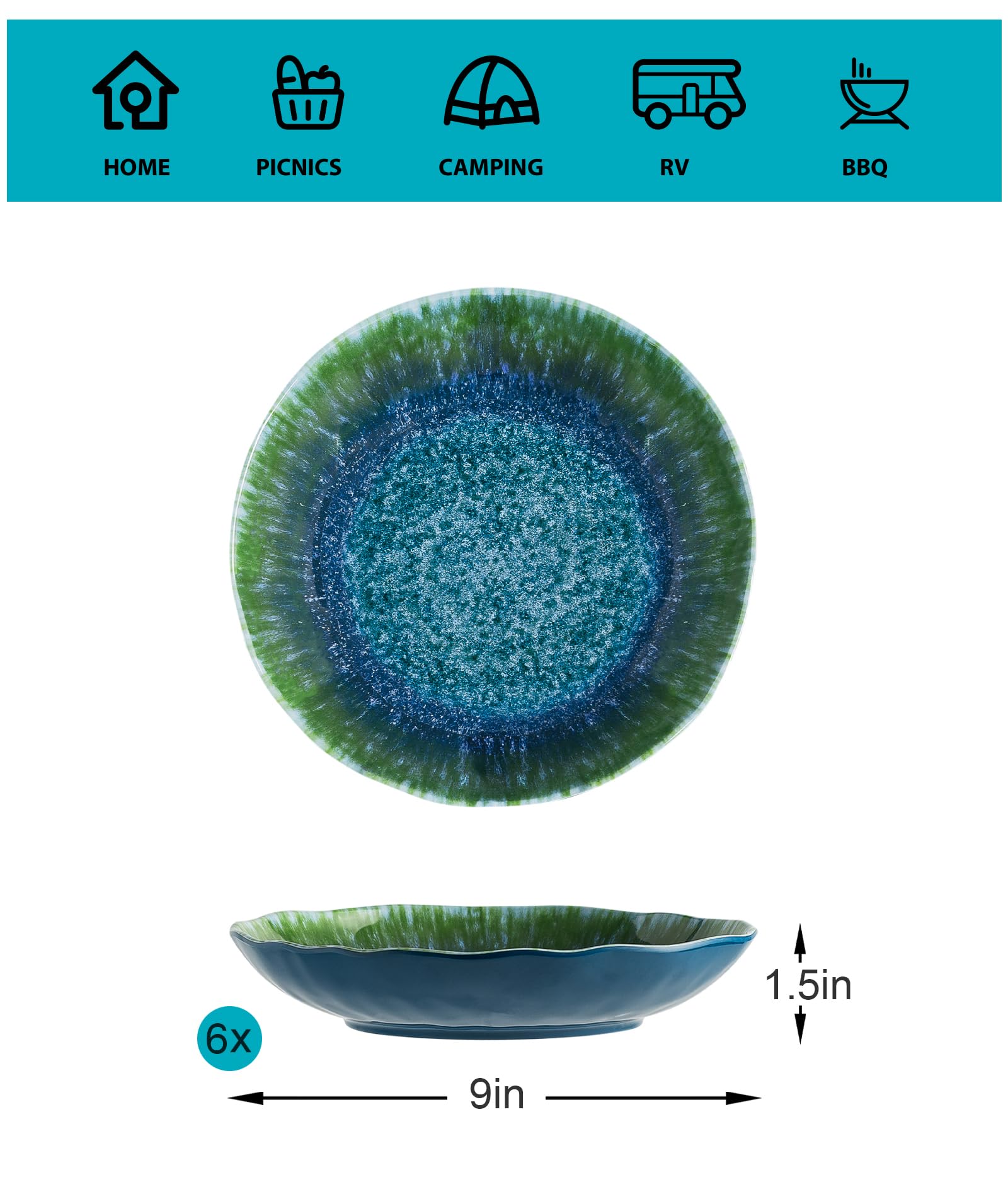 **Durable Melamine Pasta Bowls Set of 6 – 9 Inch Large Salad & Soup Bowls, Wide Shallow Turquoise Teal Round Dinnerware – Dishwasher Safe (Not Microwave or Oven Safe) – Perfect for Parties, Picnics & Outdoor Dining**