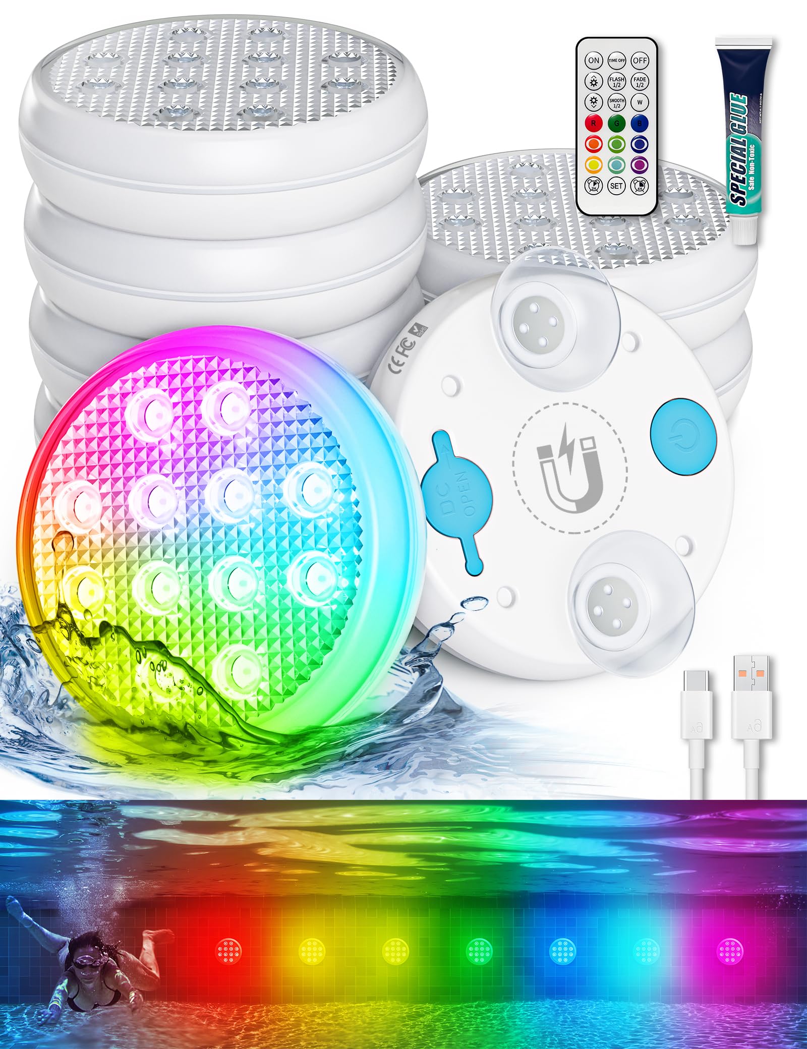 Submersible LED Pool Lights with Remote Control - 16 Color Changing Underwater Lights, IP68 Waterproof, Rechargeable Battery, Magnetic & Suction Cup Mounts - Perfect for Hot Tubs, Bathtubs, Aquariums & Outdoor Pools (6 Pack)