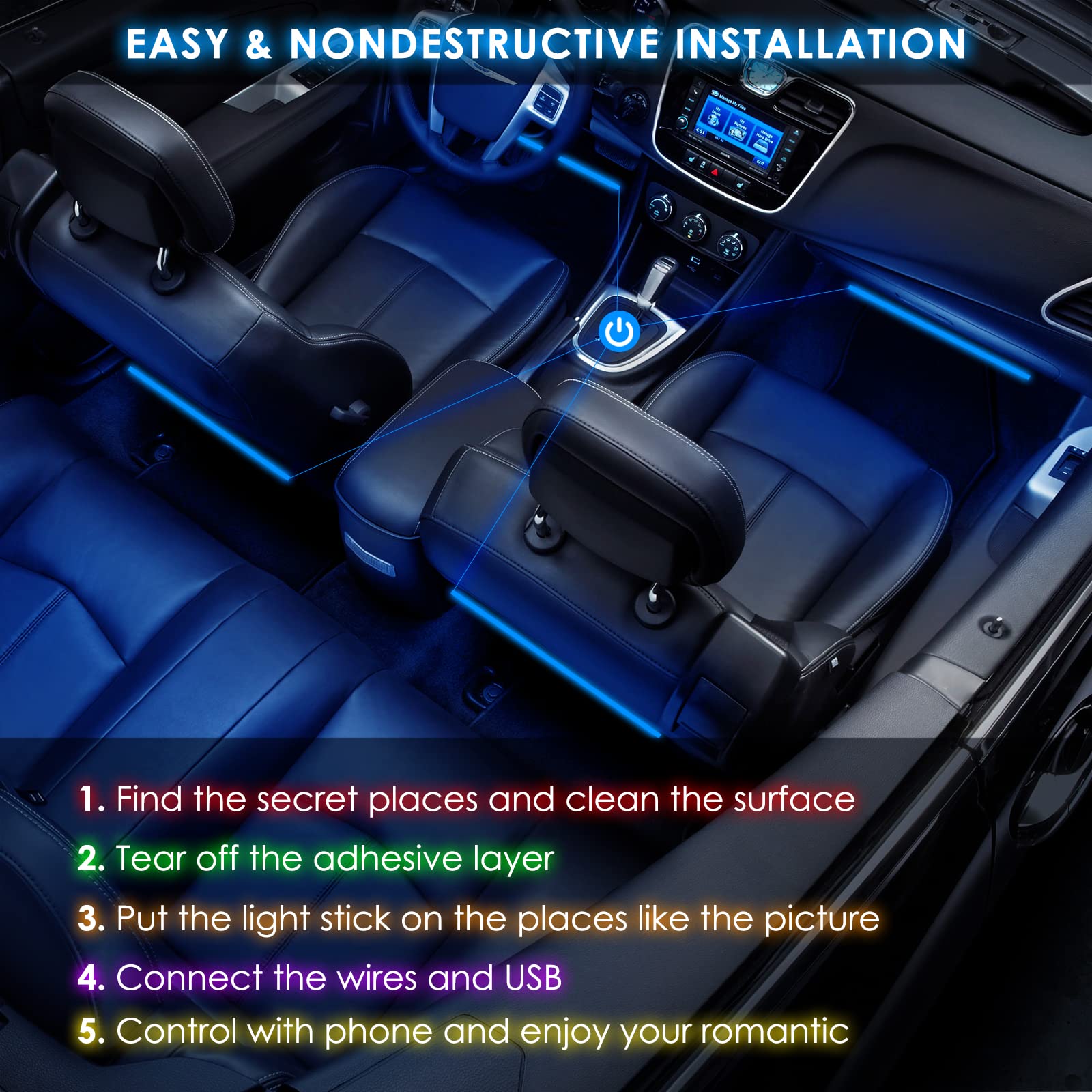 ABNIJA Car LED Strip Lights - 48 LED RGB Interior Car Lighting Kit with 16 Million Colors, App & Microphone Control, Music Sync, Waterproof, USB/12V DC - Perfect for Under Dash, Footwell, and Party Lighting