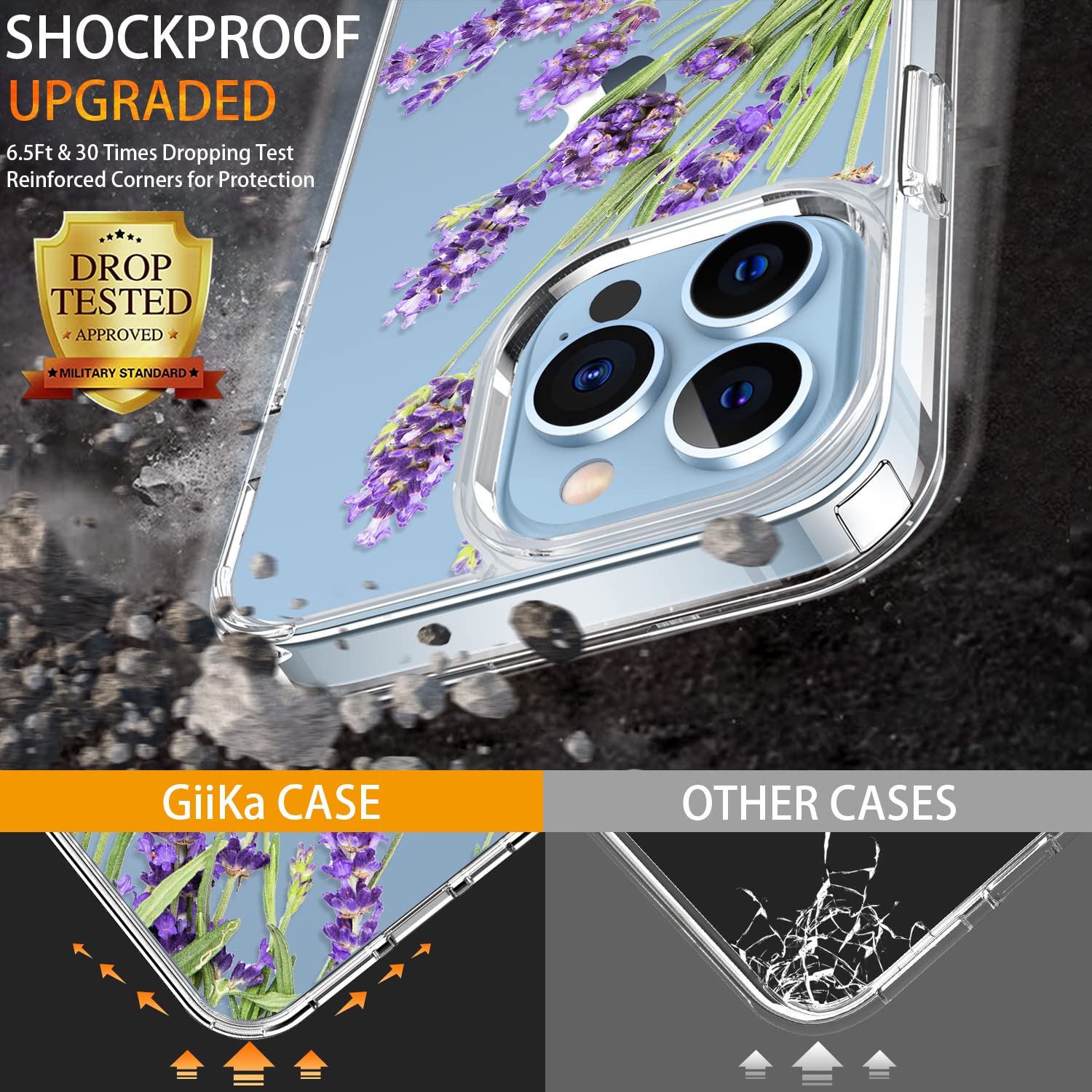 GiiKa iPhone 13 Pro Case with Screen Protector - 6.1 Inch Clear Shockproof Protective Case with Floral Design & TPU Bumper Cover for Women (Purple Flowers) - Perfect for Everyday Use, Work & Travel Protection