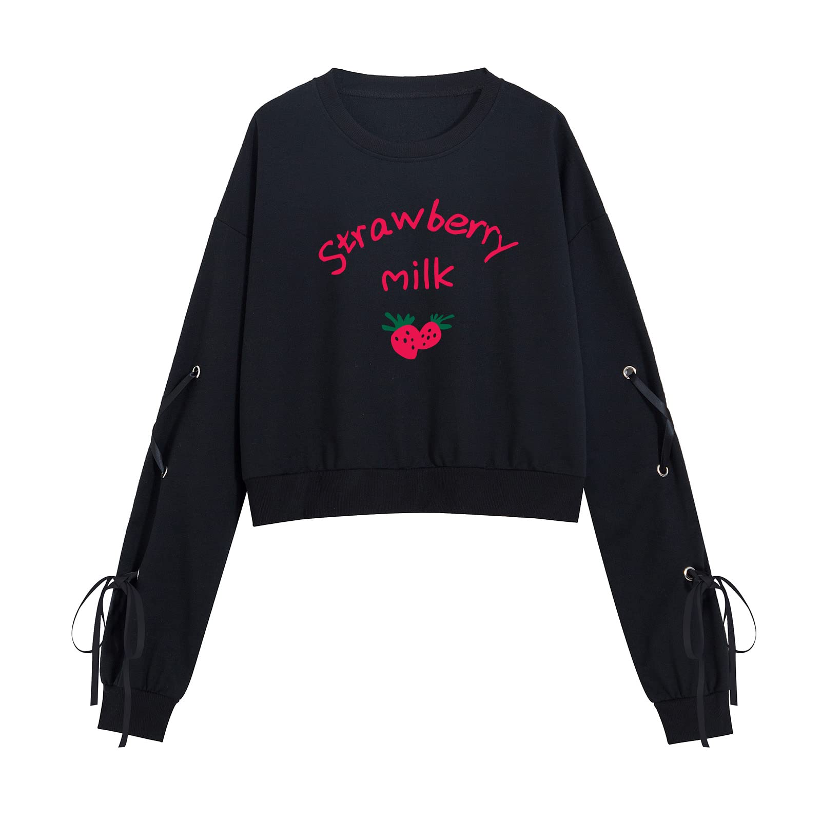 KEEVICI Cute Strawberry Milk Print Crop Sweatshirt for Teen Girls - Kawaii Lace-Up Long Sleeve Cotton Hoodie | Perfect for School, Dating & Casual Outfits