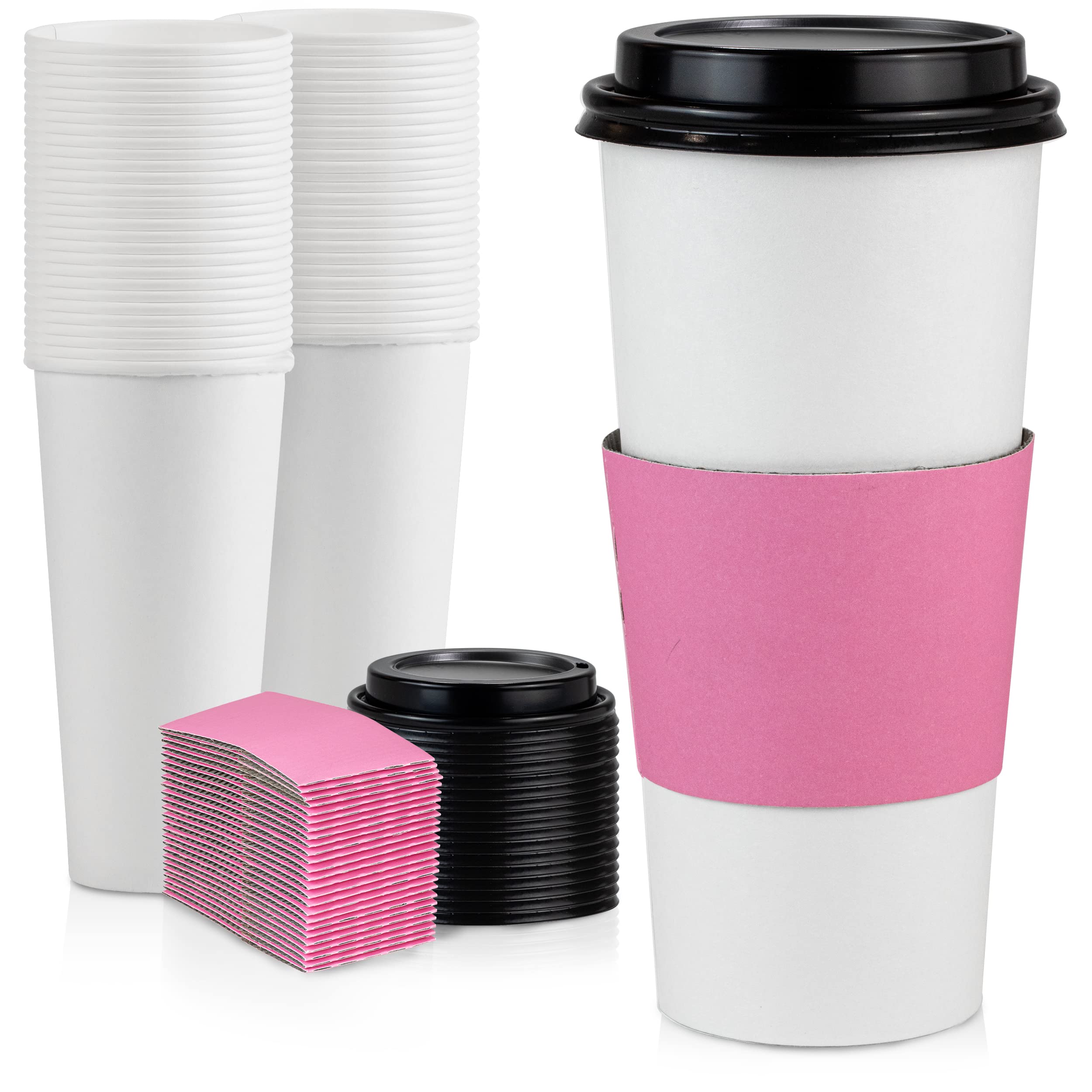 50 Pack 24 oz Disposable Coffee Cups with Lids & Pink Sleeves - Lead-Free Sturdy To-Go Hot Paper Cups for Coffee, Tea, Parties, Weddings, Birthdays - Perfect for Cafes, Offices & Home Use (Black Lids)