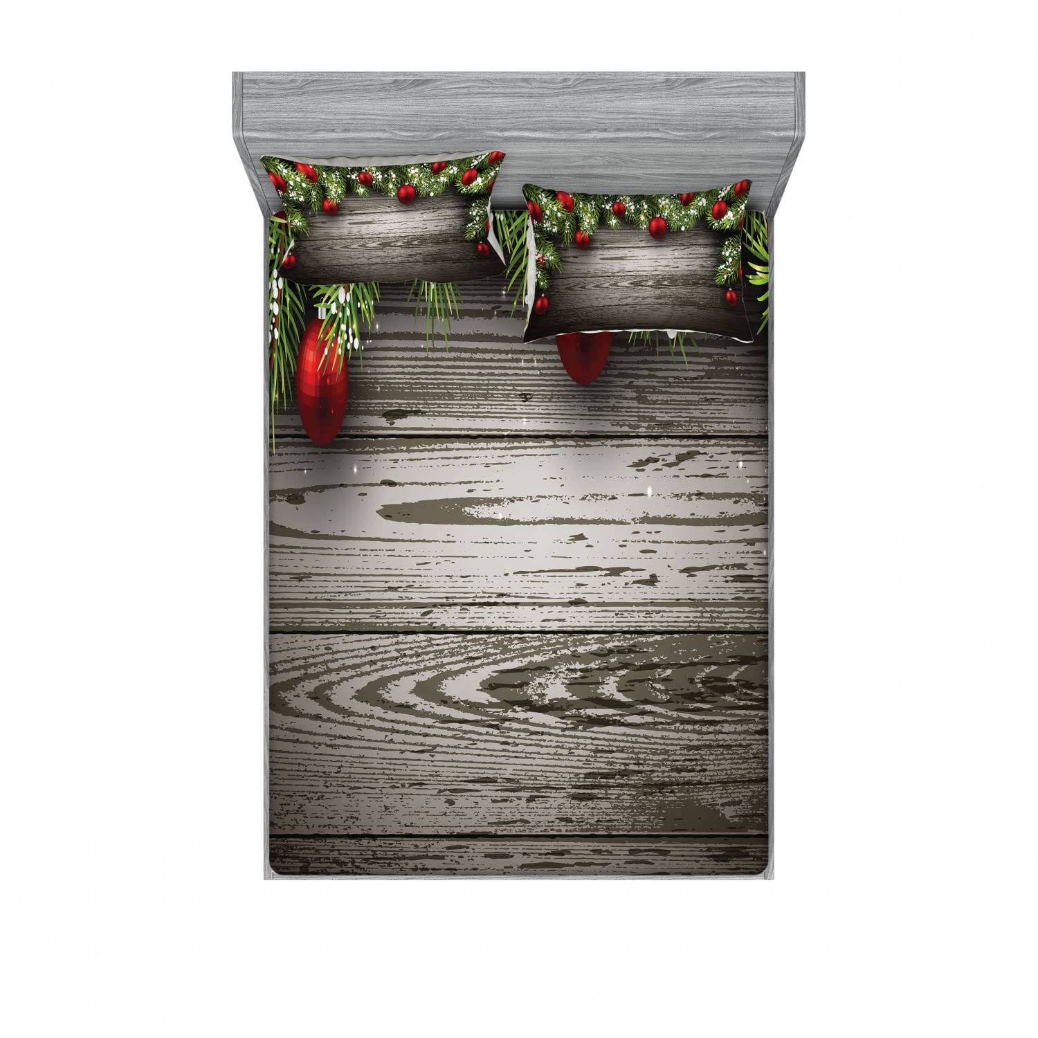 Ambesonne Christmas 2-Pack Queen Size Fitted Sheet Set with 4 Pillow Shams - Red Ornaments & Fir Branch Holiday Bedding Decor (Brown/Red) - Perfect for Festive Bedroom Decorations, Holiday Guest Rooms & Cozy Winter Nights