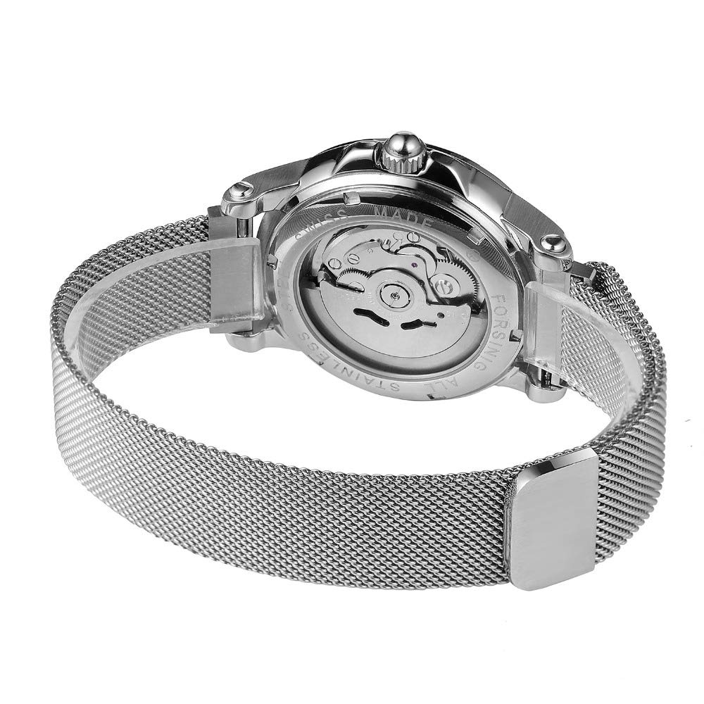 MASTOP Men's Automatic Skeleton Watch - Stainless Steel Mesh Band with Roman Numerals - Waterproof Mechanical Wristwatch for Business, Casual & Formal Occasions