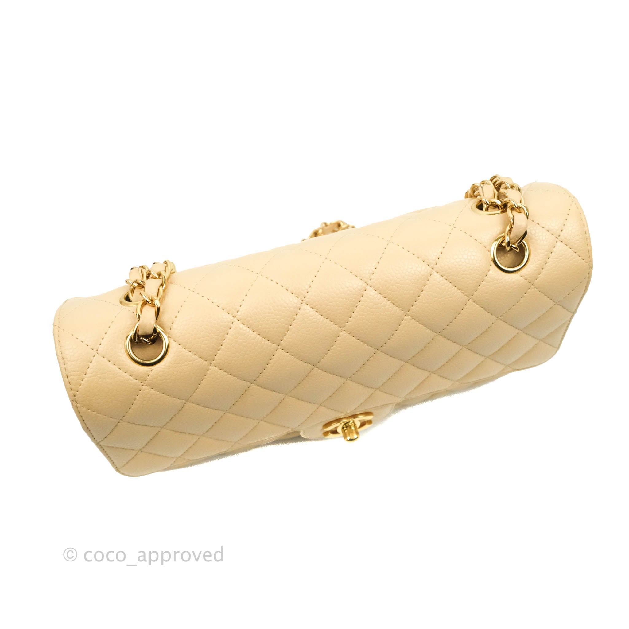 Chanel Classic Medium Double Flap Bag Quilted Beige Caviar Leather with Gold Hardware - Luxury Designer Handbag for Women, Perfect for Work, Evening & Special Occasions