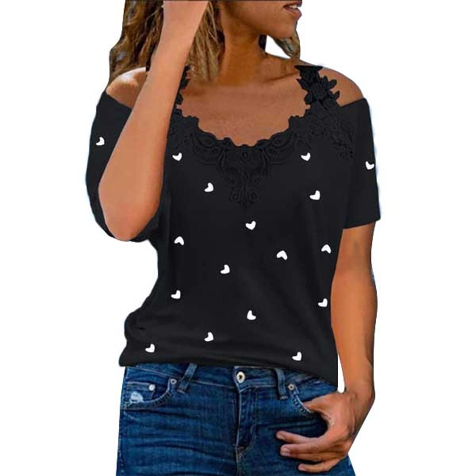 Sexy Lace Short Sleeve Women's T-Shirt - Heart Print Casual Blouse Top for Women (Black, XXXL) | Perfect for Date Night, Girls Night Out & Summer Fashion
