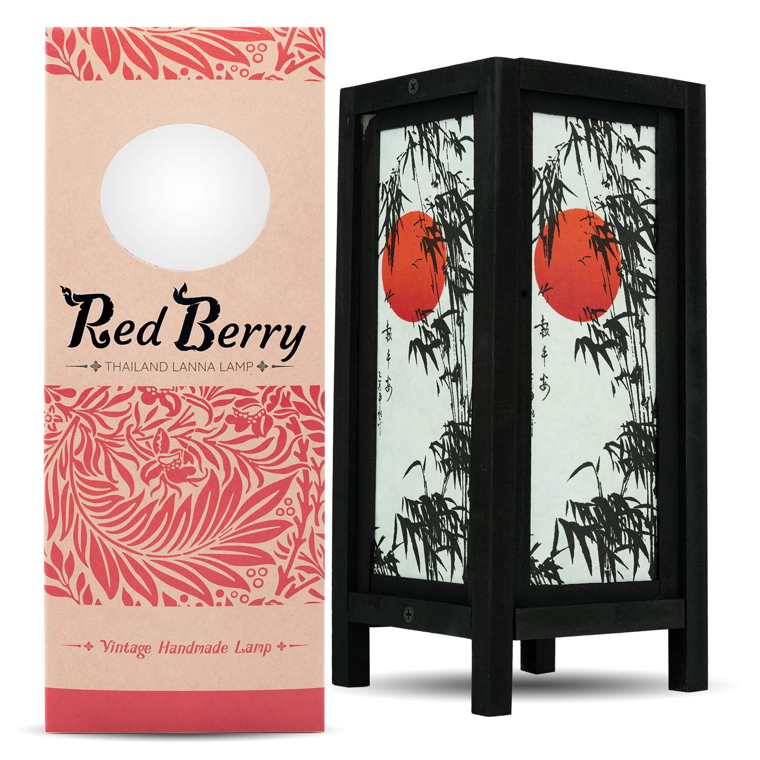 RED BERRY THAILAND LANNA LAMP - Vintage Handmade Asian Bamboo Table Lamp, Japanese Sunset Inspired Wooden Floor Light for Bedroom Decor | Perfect for Zen Home, Meditation Spaces & Cozy Nightstand Lighting