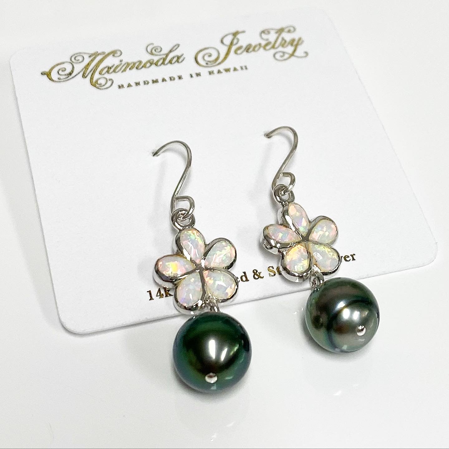 Opal Plumeria & Tahitian Pearl Earrings (E573) - Elegant Dangle Earrings for Women, Perfect for Weddings, Parties & Special Occasions