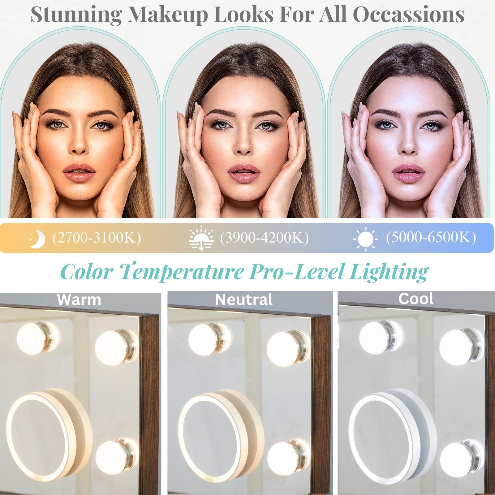 LUXFURNI Hollywood Vanity Mirror with 18 LED Lights - Large Lighted Makeup Mirror for Tabletop or Wall Mount, Rustic Brown (26