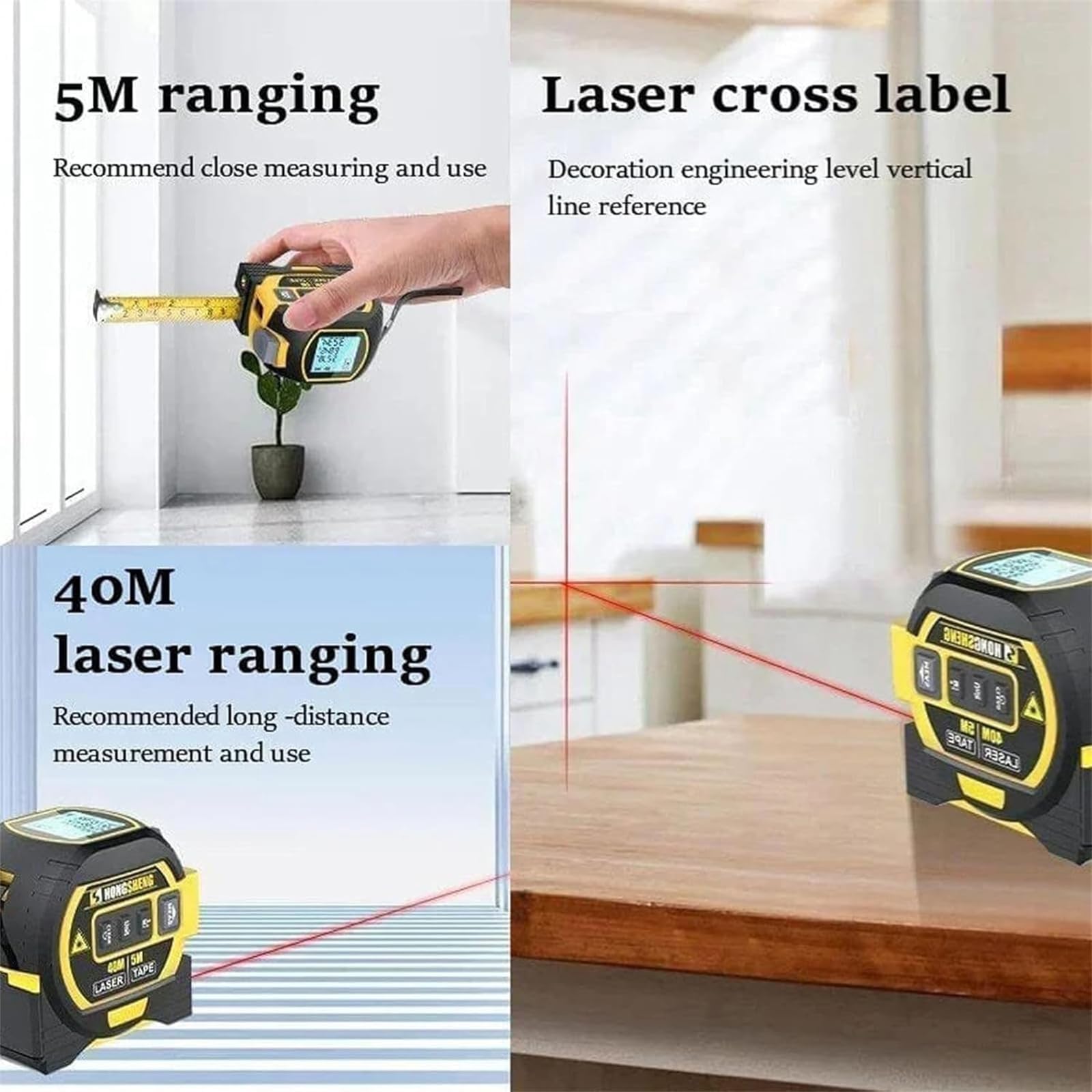 3-in-1 Digital Laser Tape Measure with LED Display - 60m/196ft Laser Rangefinder & Digital Ruler (Blue) - Perfect for Construction, DIY Projects, Home Renovation and Carpentry Work