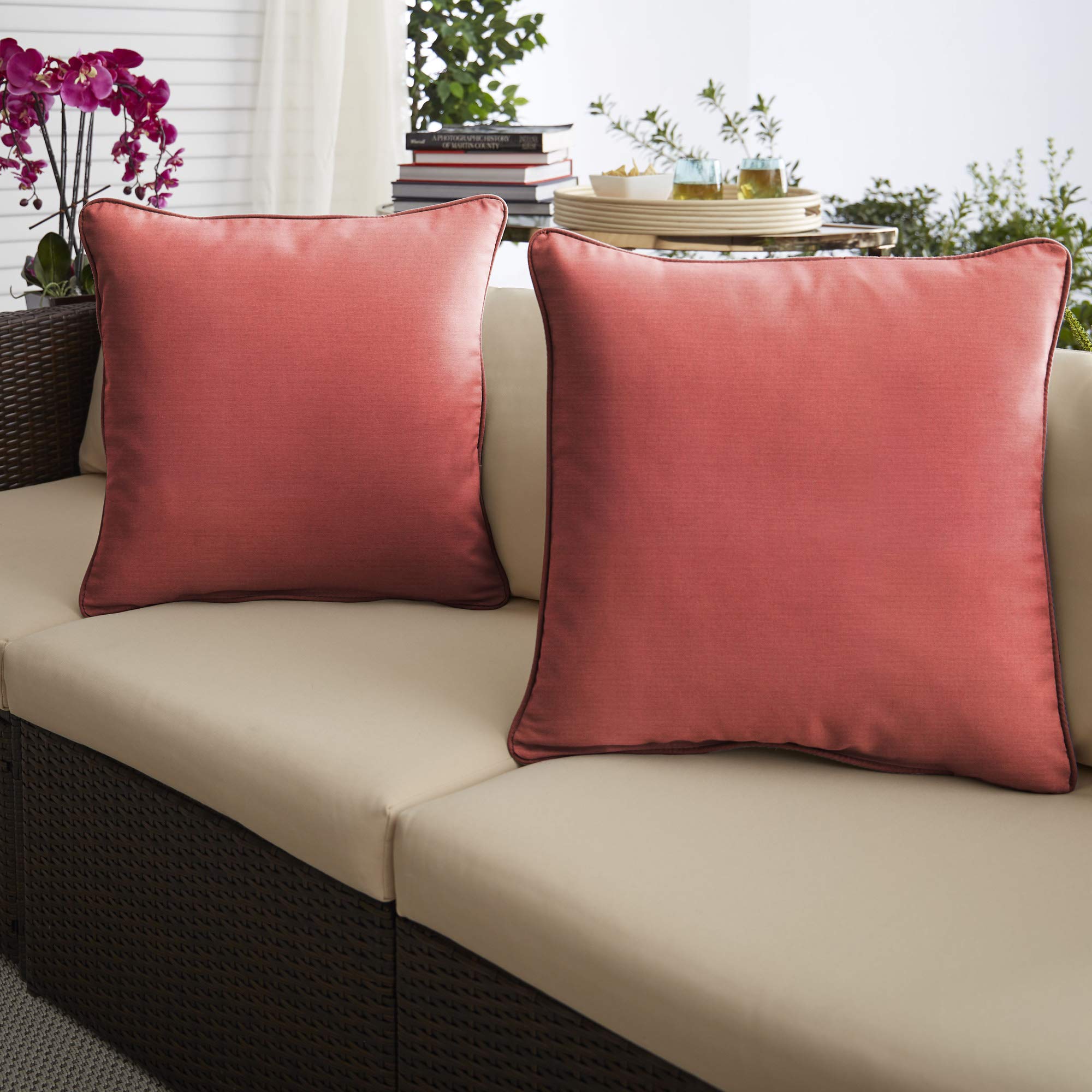 Premium Set of 2 18-Inch Henna Red Outdoor Square Pillows - Waterproof & UV Resistant for Patio Furniture, Poolside Lounging & Garden Decor