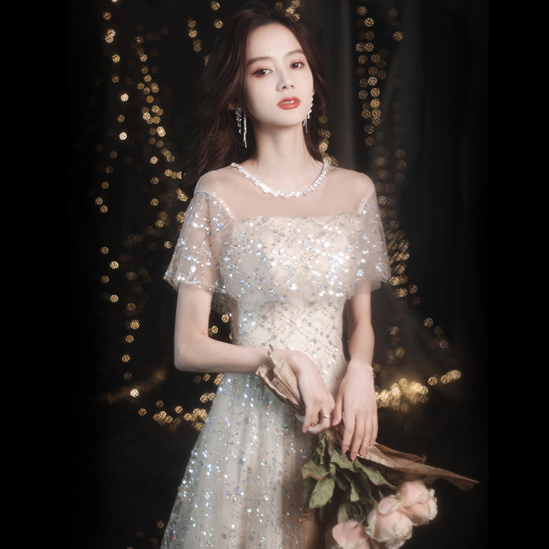 Elegant Champagne Sparkly Long Evening Dress with Short Sleeves - Perfect for Prom, Homecoming, and Formal Events - Size 44