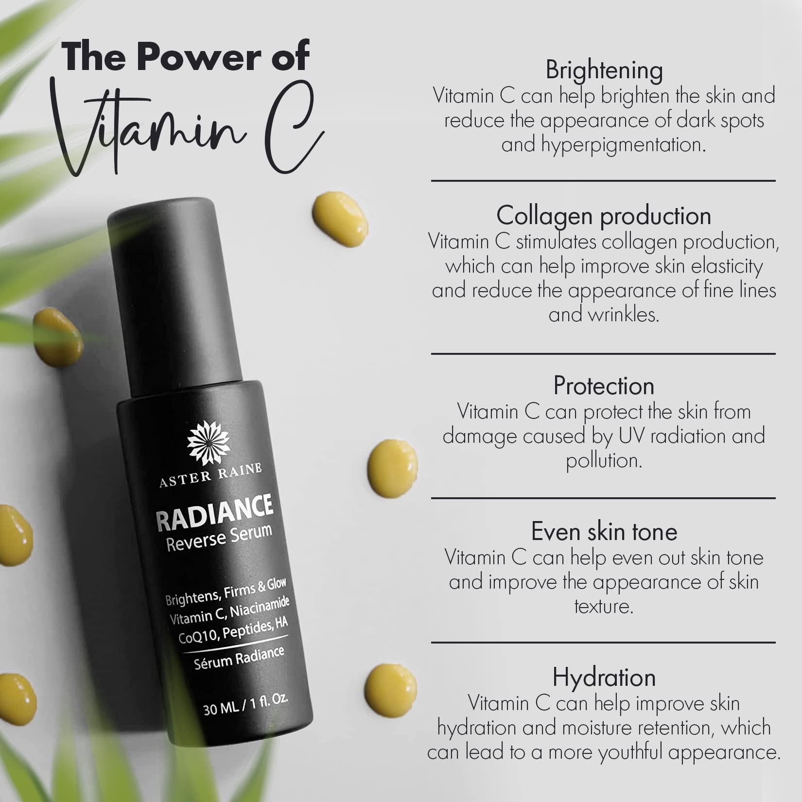 Radiance Reverse Anti-Aging Facial Serum with Vitamin C, Niacinamide, CoQ10, Peptides & Hyaluronic Acid - Dark Spot Corrector & Brightening Serum for Women & Men - Day & Night Skincare for Youthful Glow