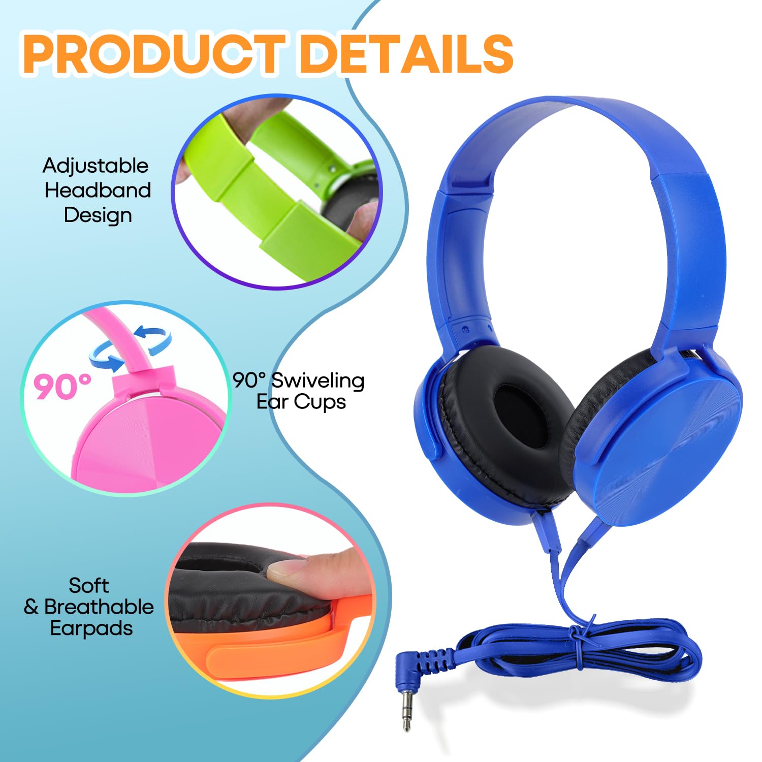 Bulk Headphones 24 Pack - Multi-Colored Swivel Earphones for Students, Classroom, School, Library & Travel | Comfortable Kids Headphones for Online Learning, Airplane Use & Distance Education
