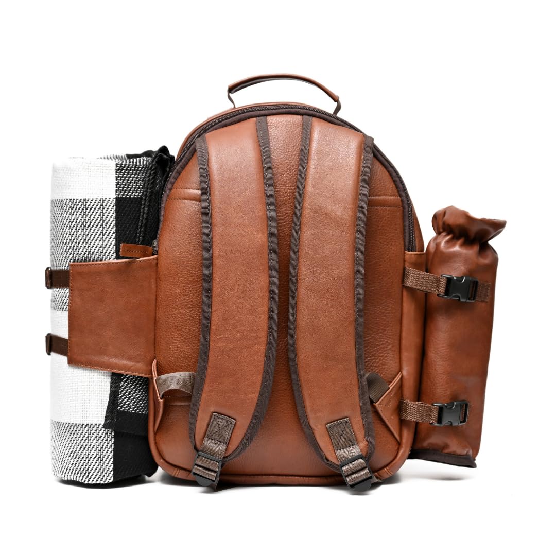 Premium Genuine Leather Picnic Backpack for 4 People - Insulated Cooler Compartment, Soft Blanket, 4 Dinner Plates & Cutlery Set - Luxury Outdoor Picnic Accessories for Couples, Family & Friends (Brown) - Perfect for Beach, Park, Camping & Romantic Dates