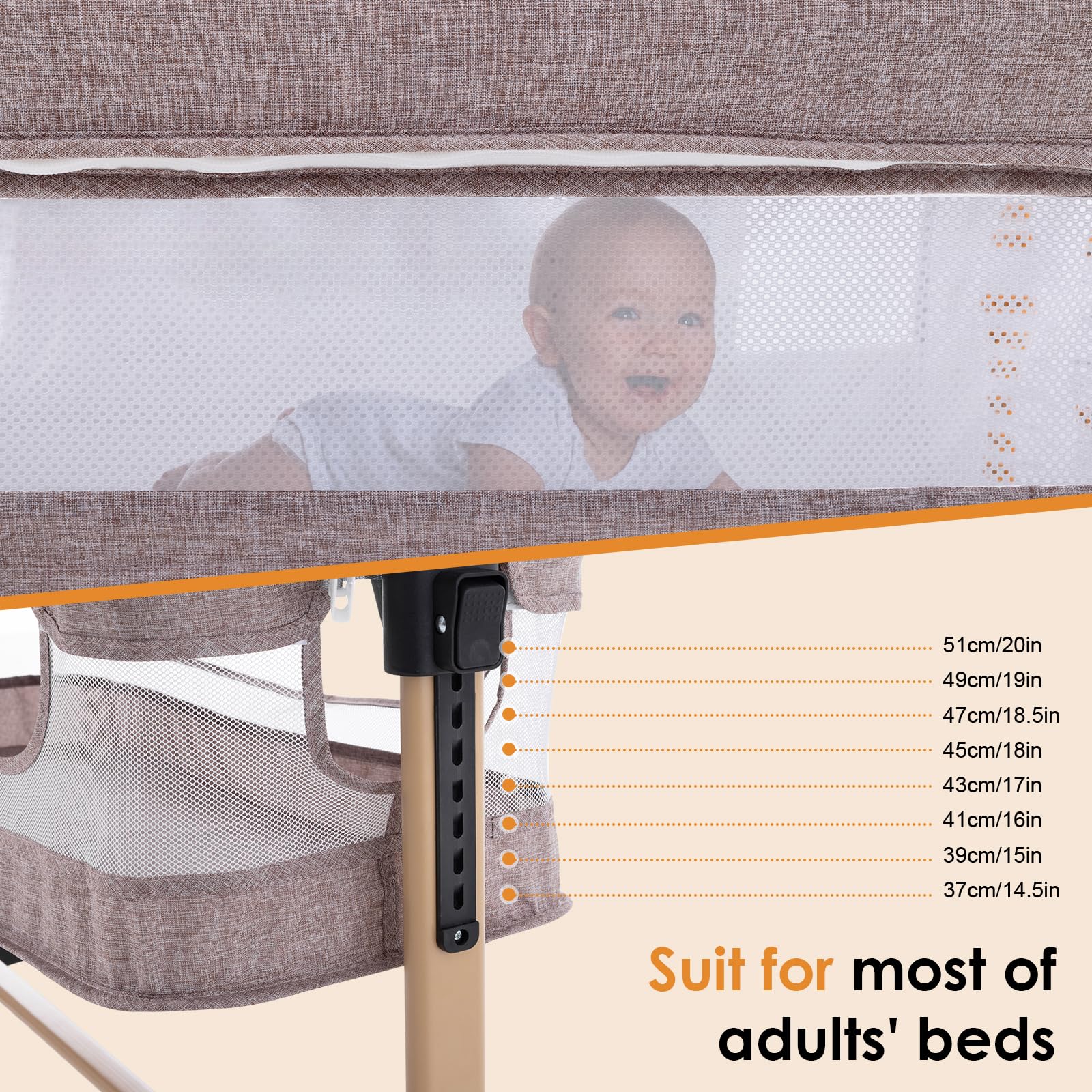 3 in 1 Adjustable Portable Baby Crib & Bassinet - Convertible Bedside Sleeper for Newborns & Infants | Safe & Comfortable Nursery Essential in Khaki | Perfect for Bedroom, Nursery & Travel Use