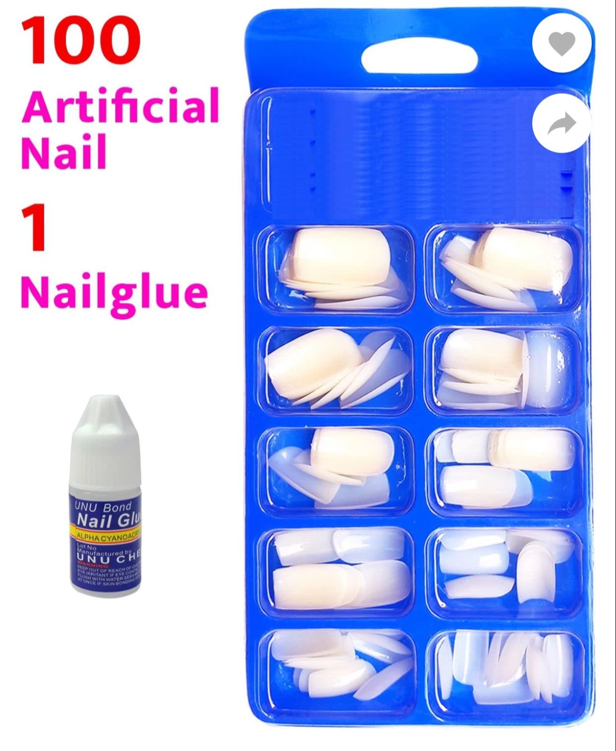 100pcs White Artificial Nails with Strong Glue - Full Cover Fake Nails for Acrylic Manicure, DIY Nail Art, Parties & Special Occasions
